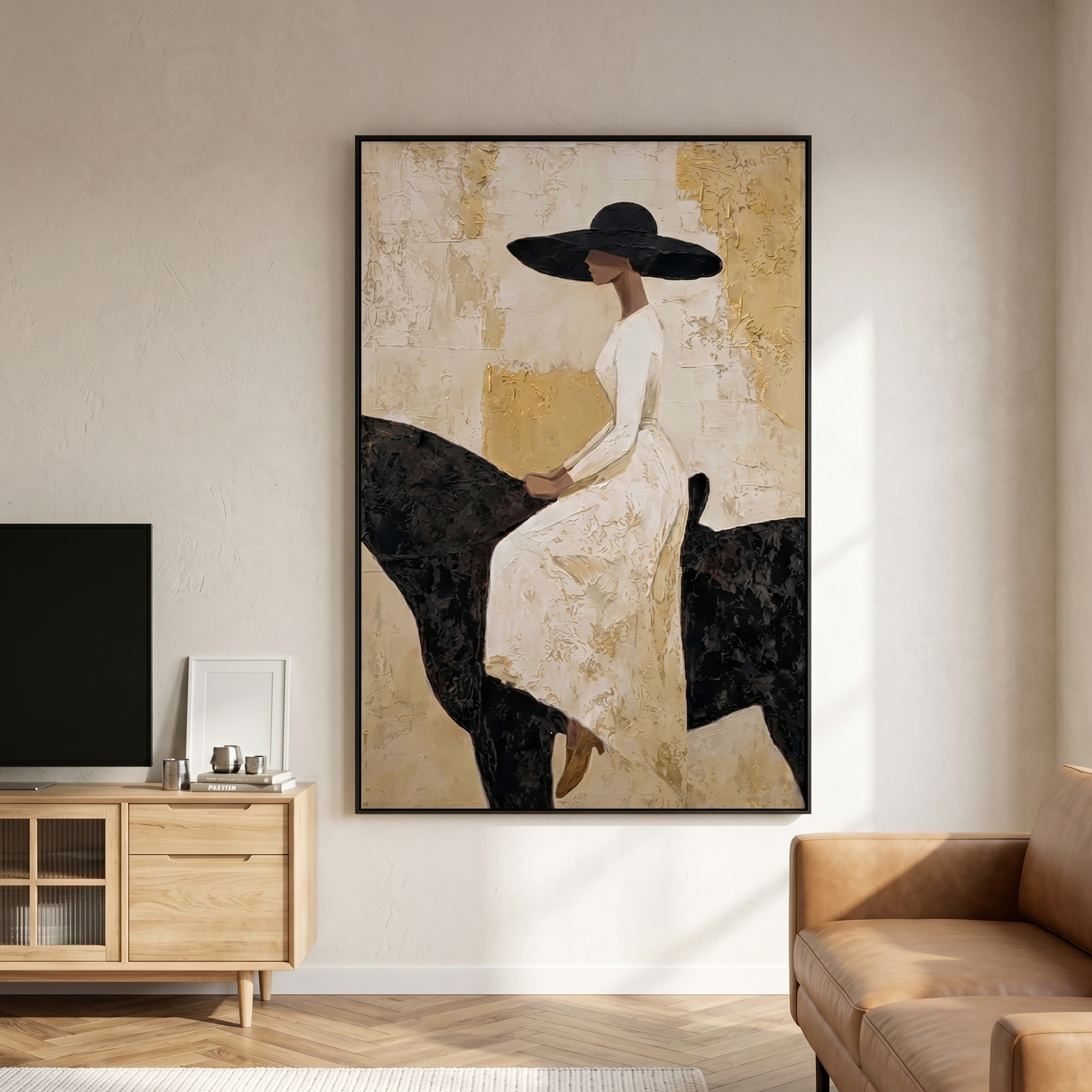 "Equestrian Elegance" – Modern Heavy Impasto Figurative Art | 3D Ivory & Gold Leaf Palette Knife Painting | Luxury Vertical Wall Art #PE 515