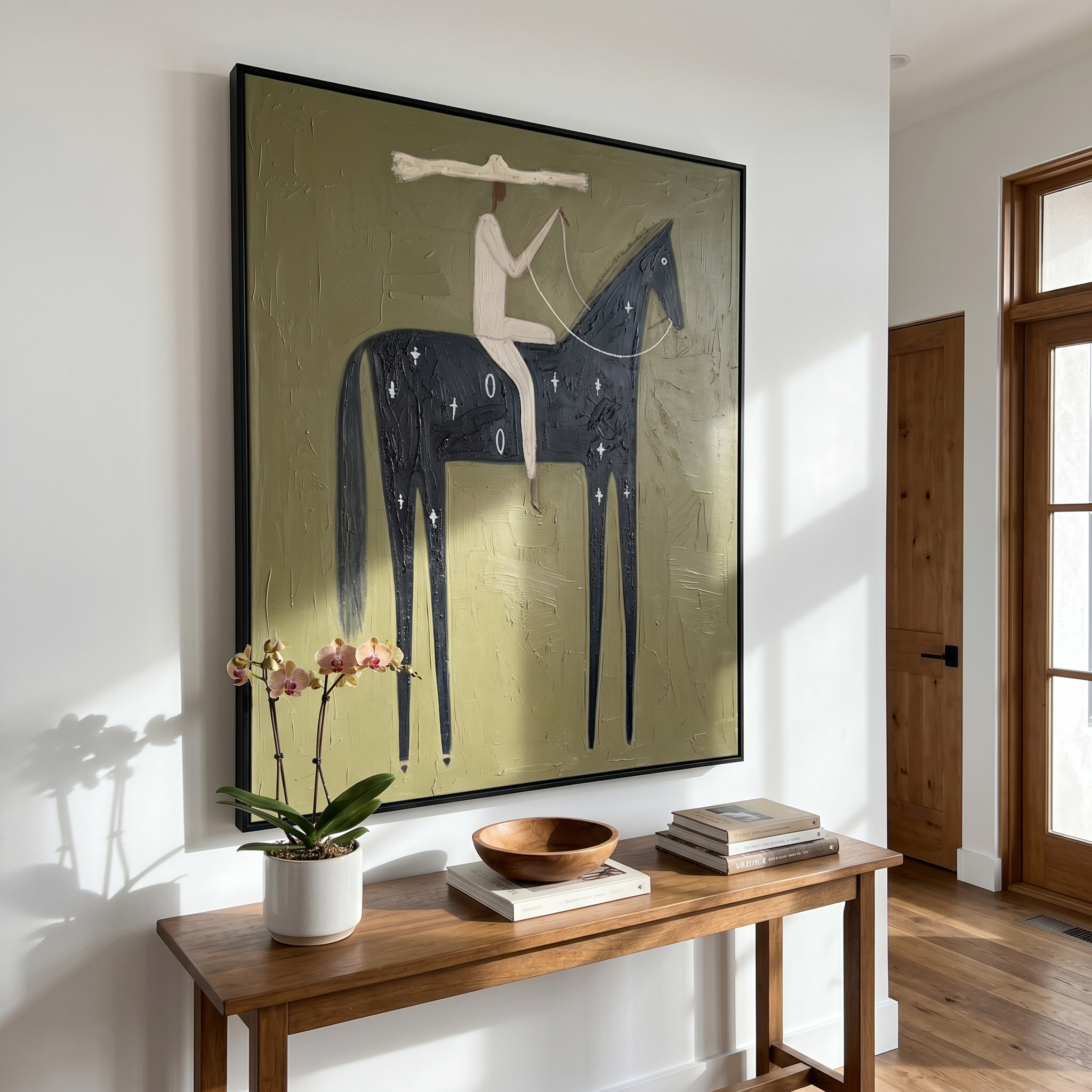 "Starry Marked Desert Horseman" – Modern Heavy Impasto Primitive Western Figurative | 3D Muted Olive & Cream Ebony Palette Knife Painting | Luxury Vertical Wall Art #AB 516