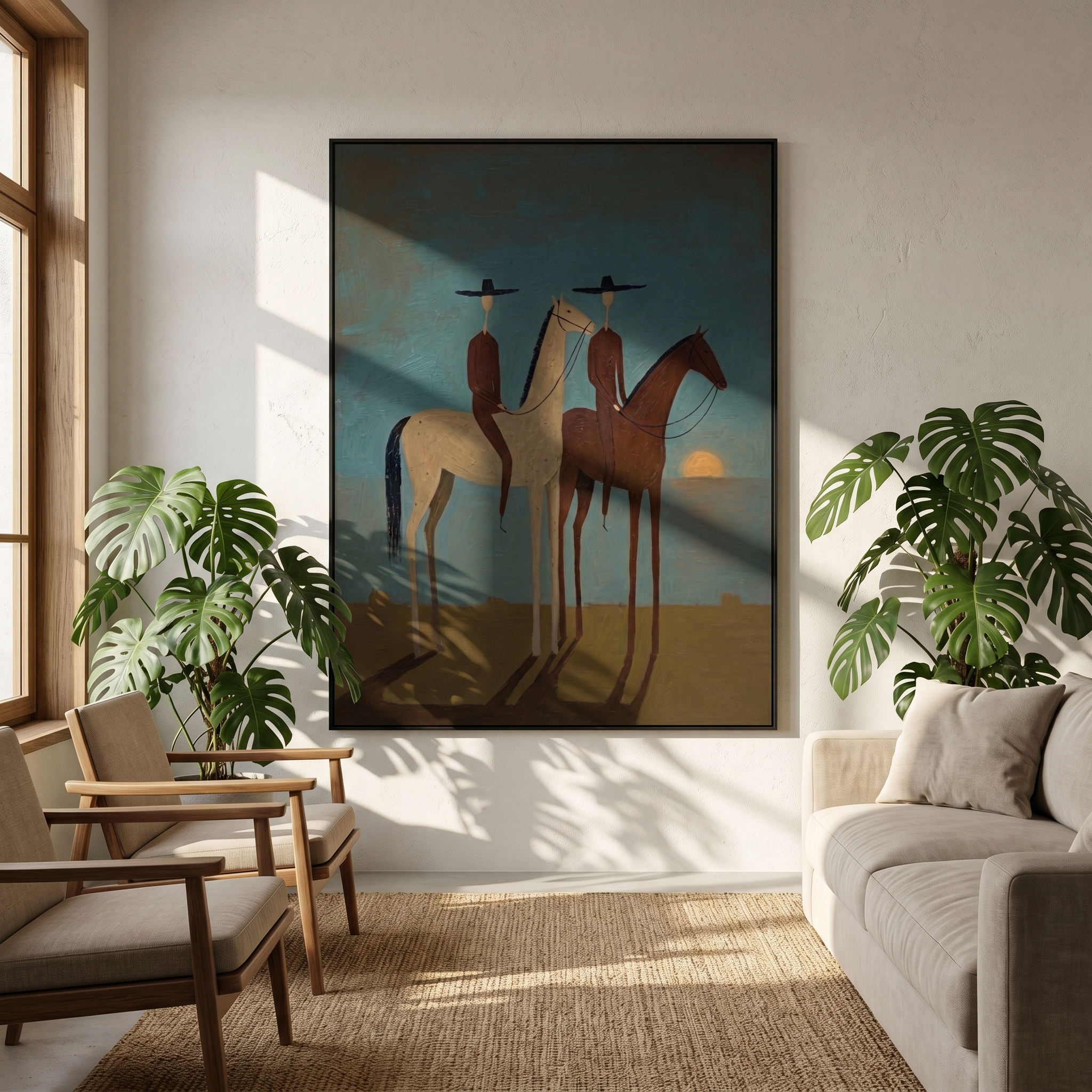 "Dusk Companions" – Modern Minimalist Impasto Western Art | 3D Teal & Sepia Palette Knife Painting | Luxury Vertical Wall Art #AB 503