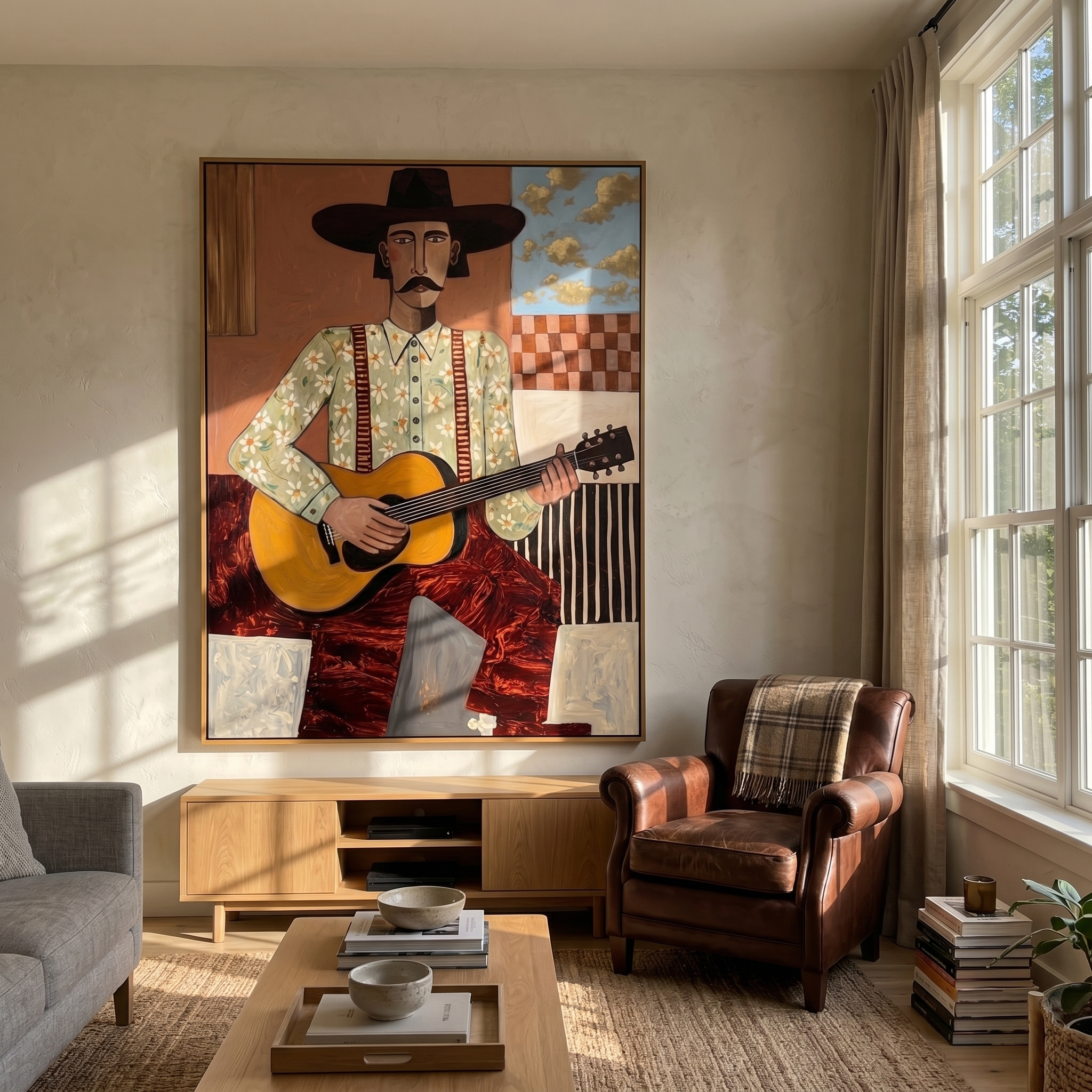 "The Western Guitarist" – Modern Folk Impasto Portrait | 3D Terracotta & Gold Palette Knife Painting | Luxury Vertical Wall Art #PE 506