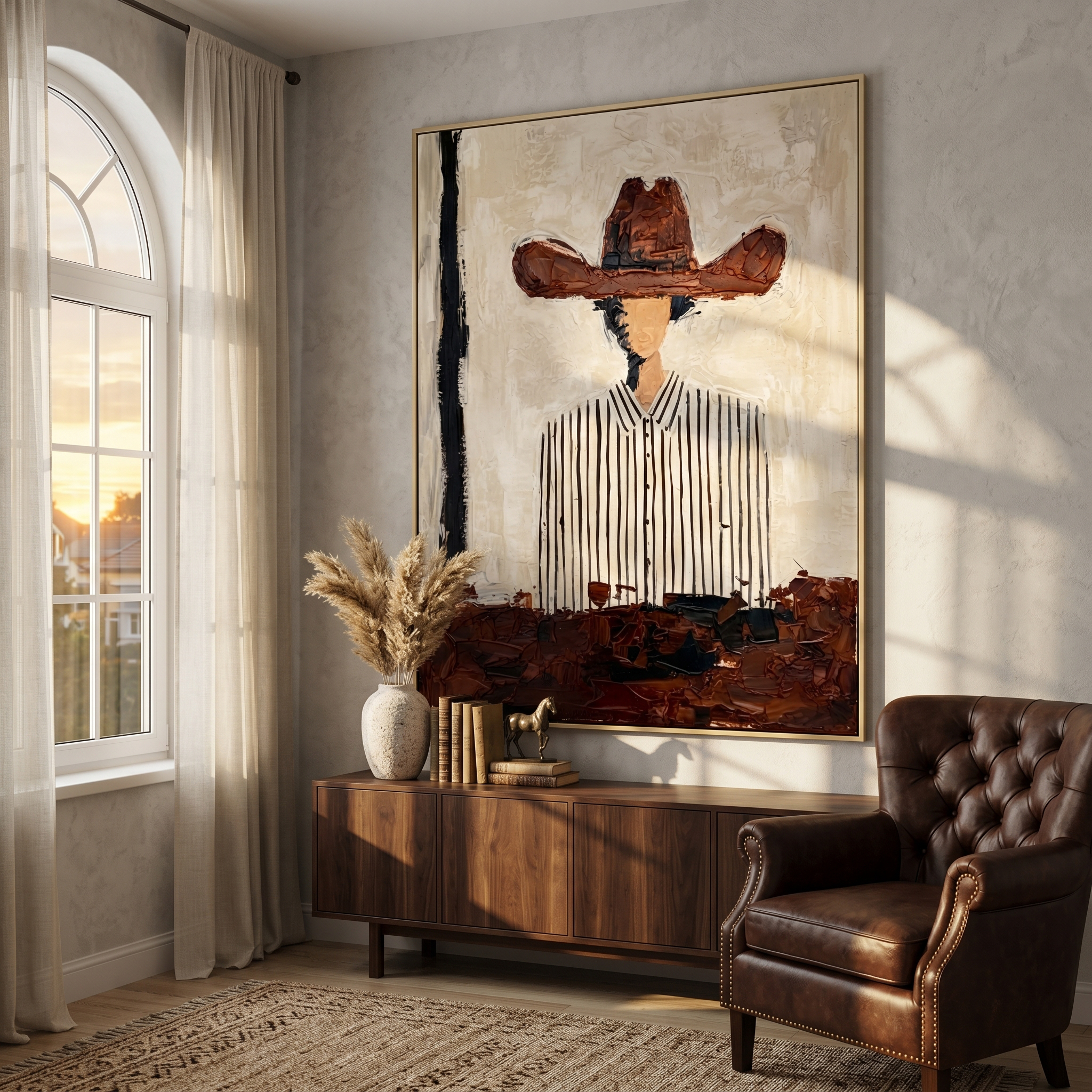 "Rustic Striped Cowgirl" – Expressive Sculptural Portrait Art | 3D Layered Terracotta & Black Canvas | Luxury Vertical Wall Art #PE 505