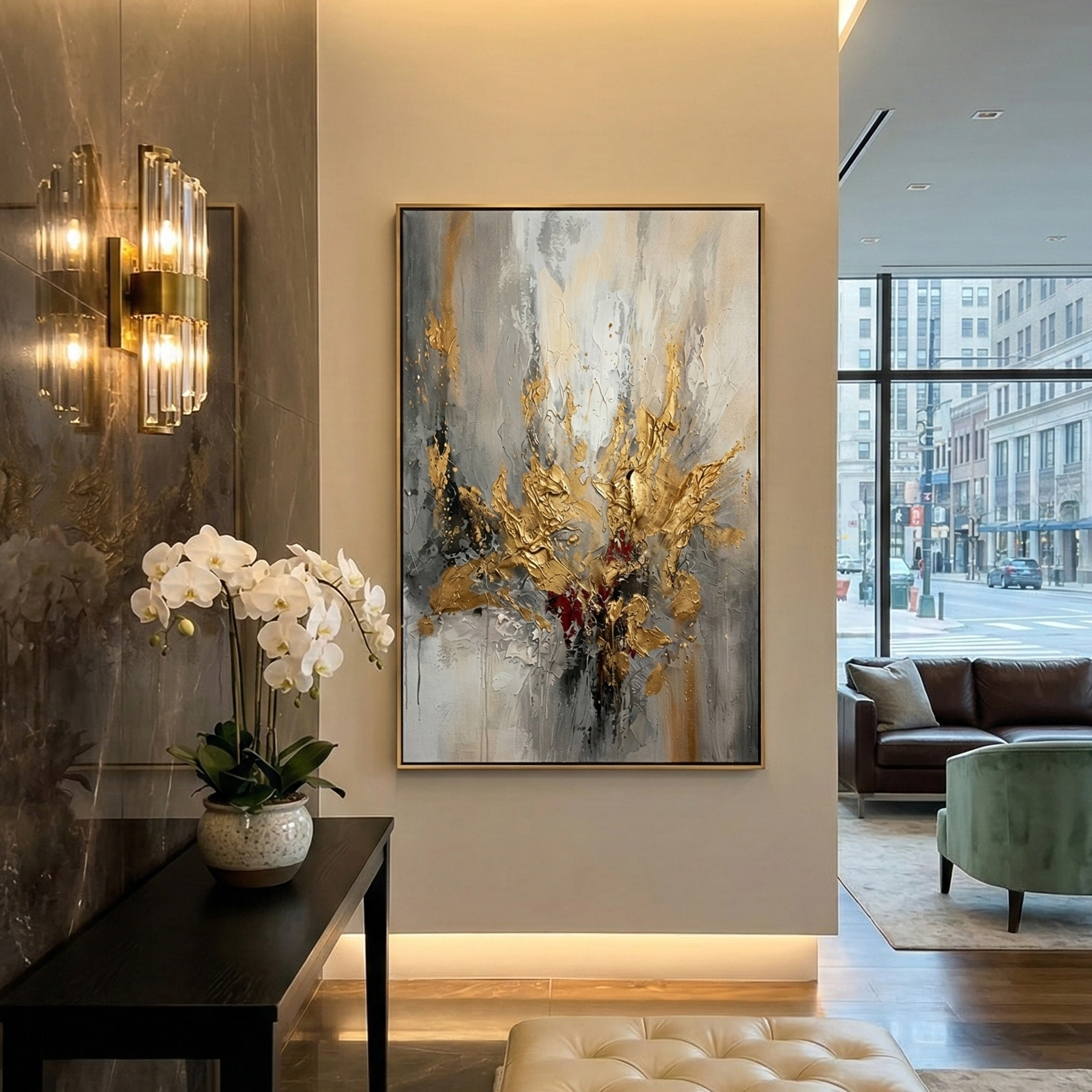 "Golden Awakening" – Luxury 3D Heavy Impasto Gold Leaf Abstract | Modern Smokey Gray Statement Art for Mansion #AB952