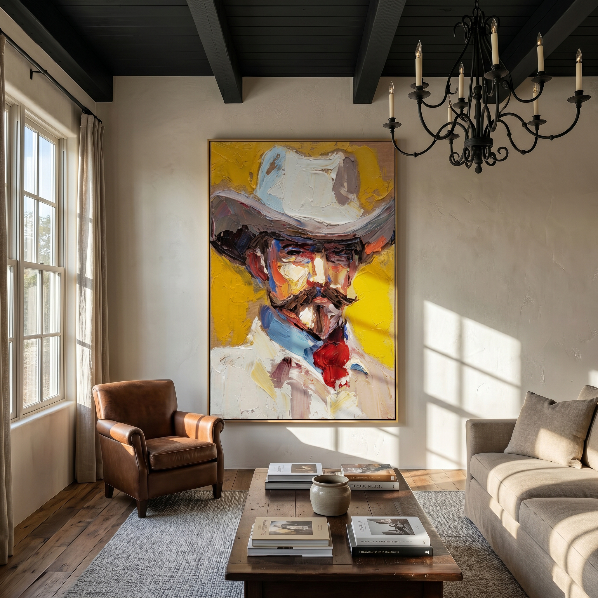 "Sunlit Cowboy Portrait" – Modern Heavy Impasto Western Art | 3D Marigold & Crimson Palette Knife Painting | Luxury Vertical Wall Art #PE 522
