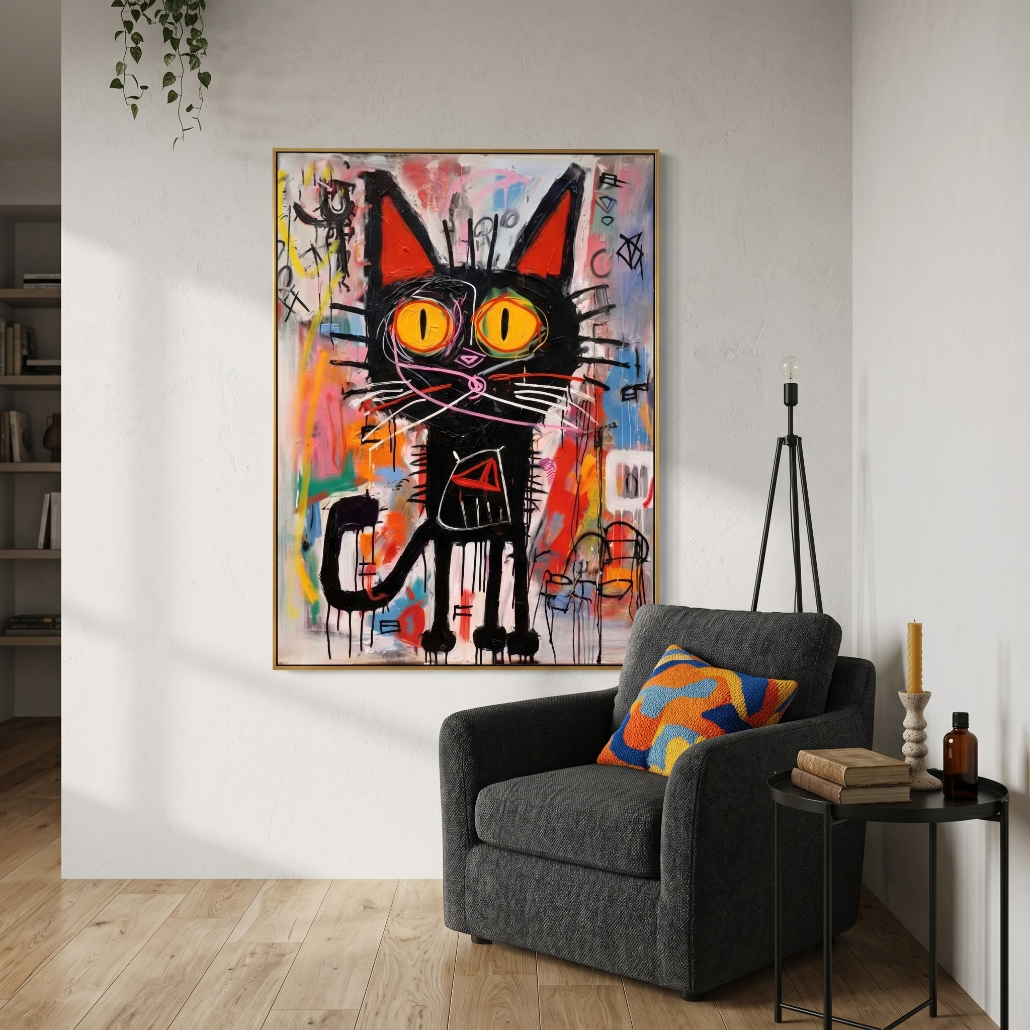 "Neon Street Cat" – Textured Abstract Graffiti Canvas | Vibrant Multicolor & Black Cat Expressionist Artwork | Urban Contemporary Wall Decor #AN 149