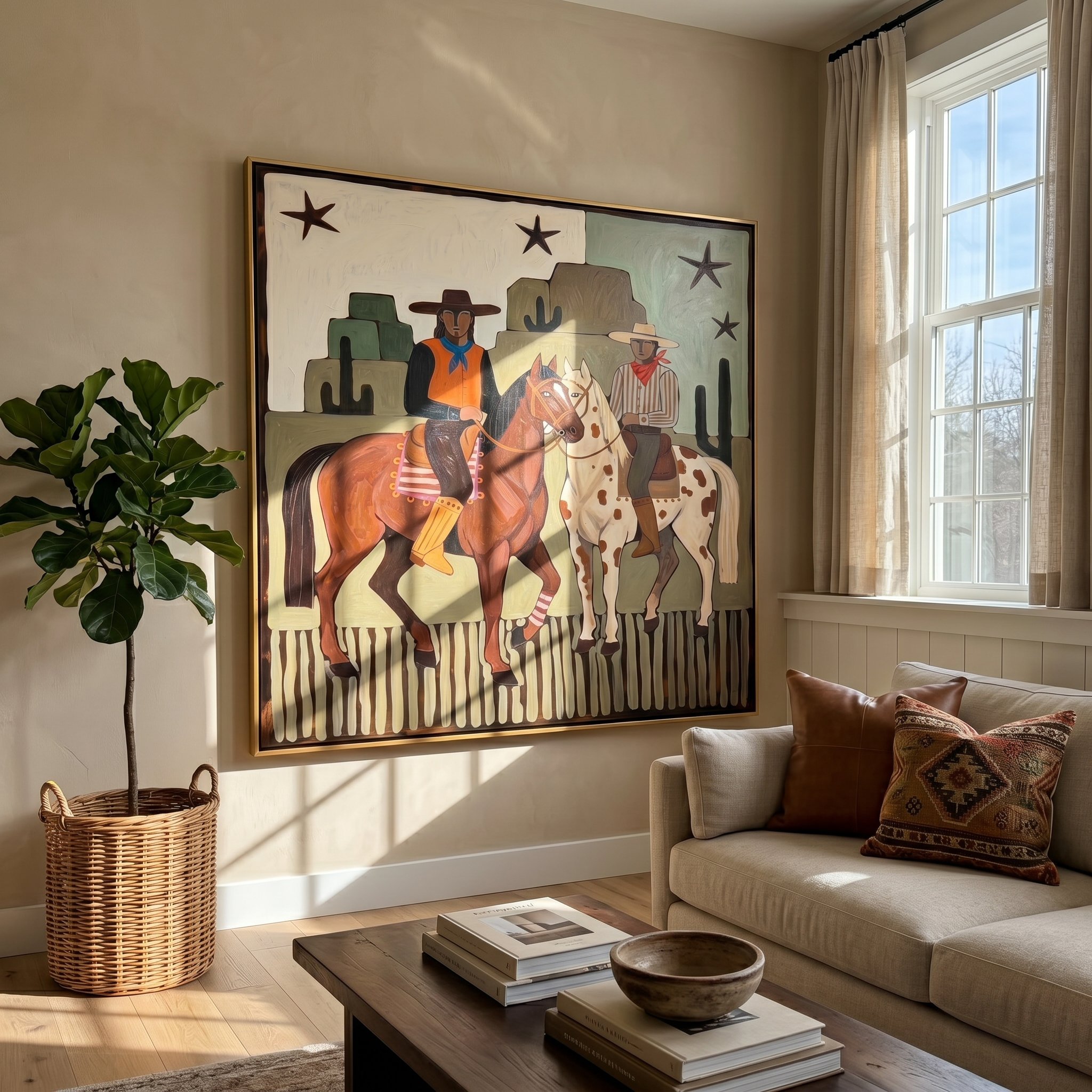 "Dual Frontier Riders" – Modern Heavy Impasto Southwestern Folk Figurative | 3D Muted Sage & Rust Ochre Palette Knife Painting | Luxury Square Wall Art #PT 563