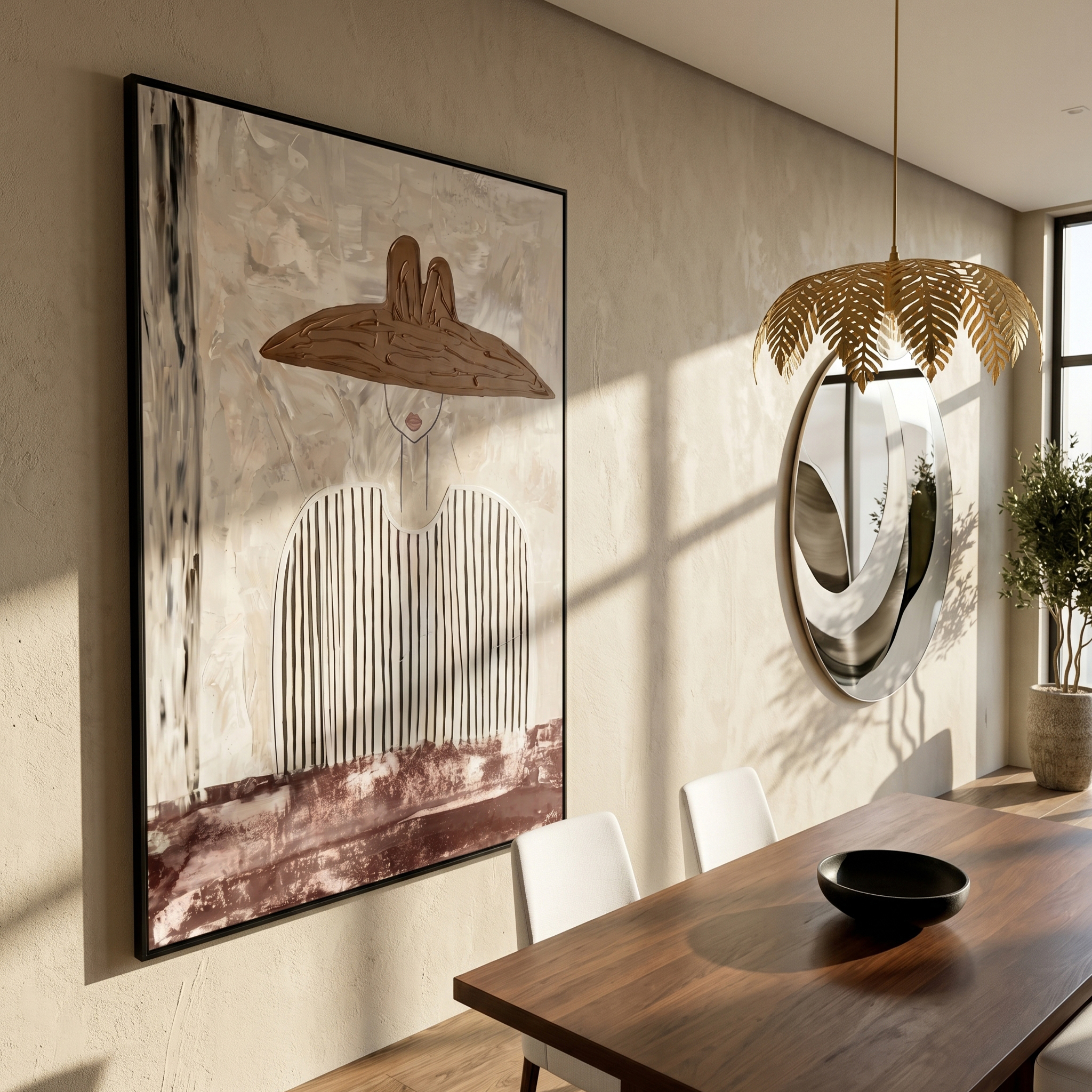 "Neutral Elegance with the Wide Brim" – Expressive Sculptural Art | 3D Layered Taupe & Plum Canvas | Luxury Vertical Wall Art #PE 512