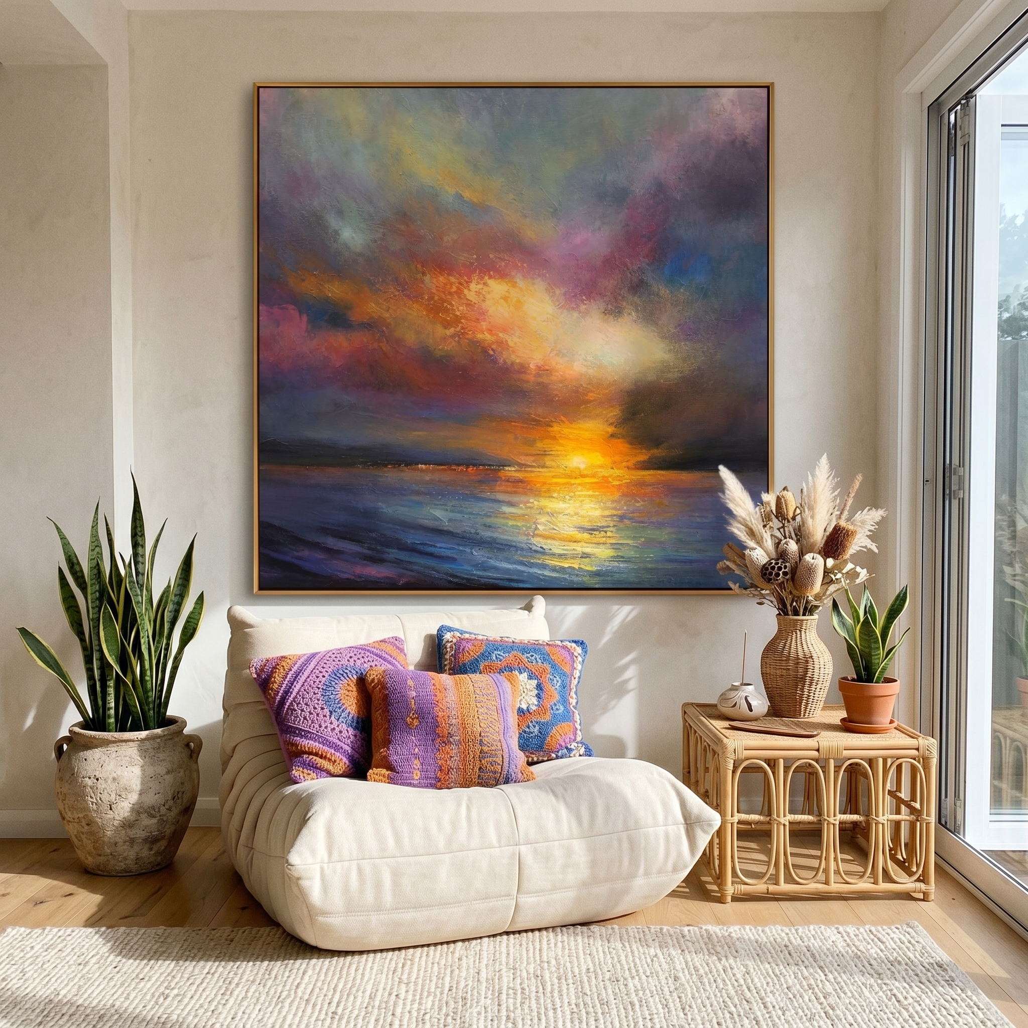 "Aria of Light" – Modern Statement Sunset Seascape Impasto | Bold Purple & Gold Luxury Textured Art #BE064