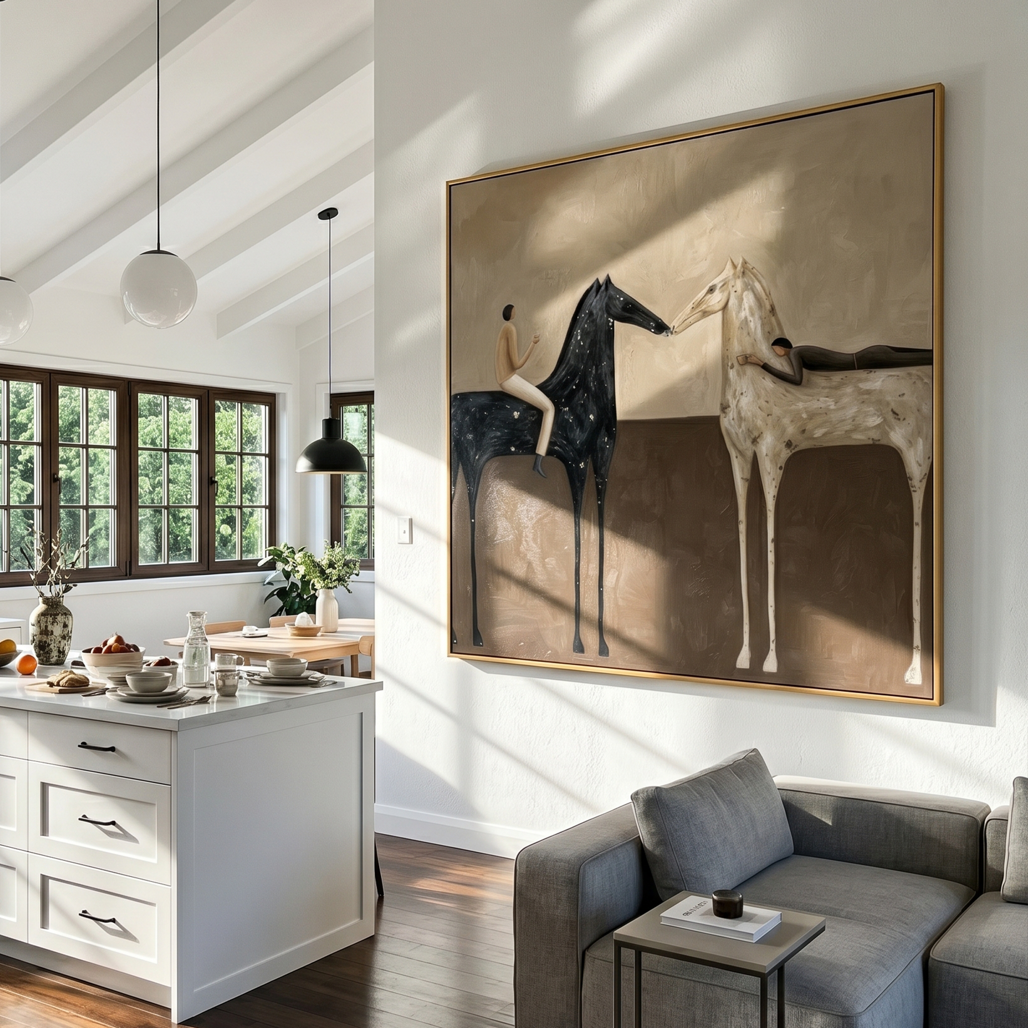 "Two Steeds & Leisure Companions" – Modern Heavy Impasto Minimal Figurative | 3D Warm Taupe & Ebony Cream Palette Knife Painting | Luxury Square Wall Art #PT 564