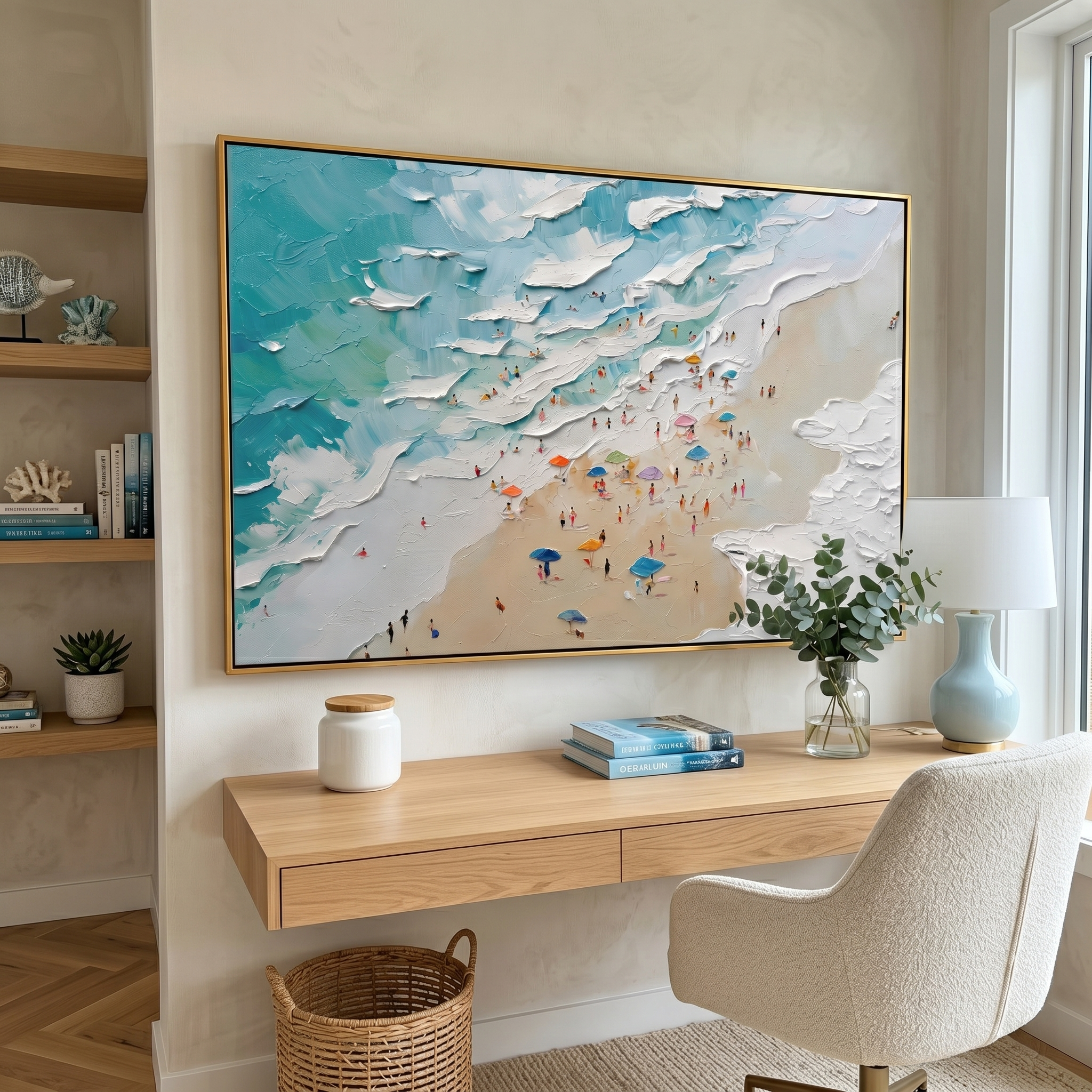 "Summer Reverie" – 3D Heavy Impasto Wave & Miniature Beach Art | Modern Panoramic Coastal Statement Painting #PT 164