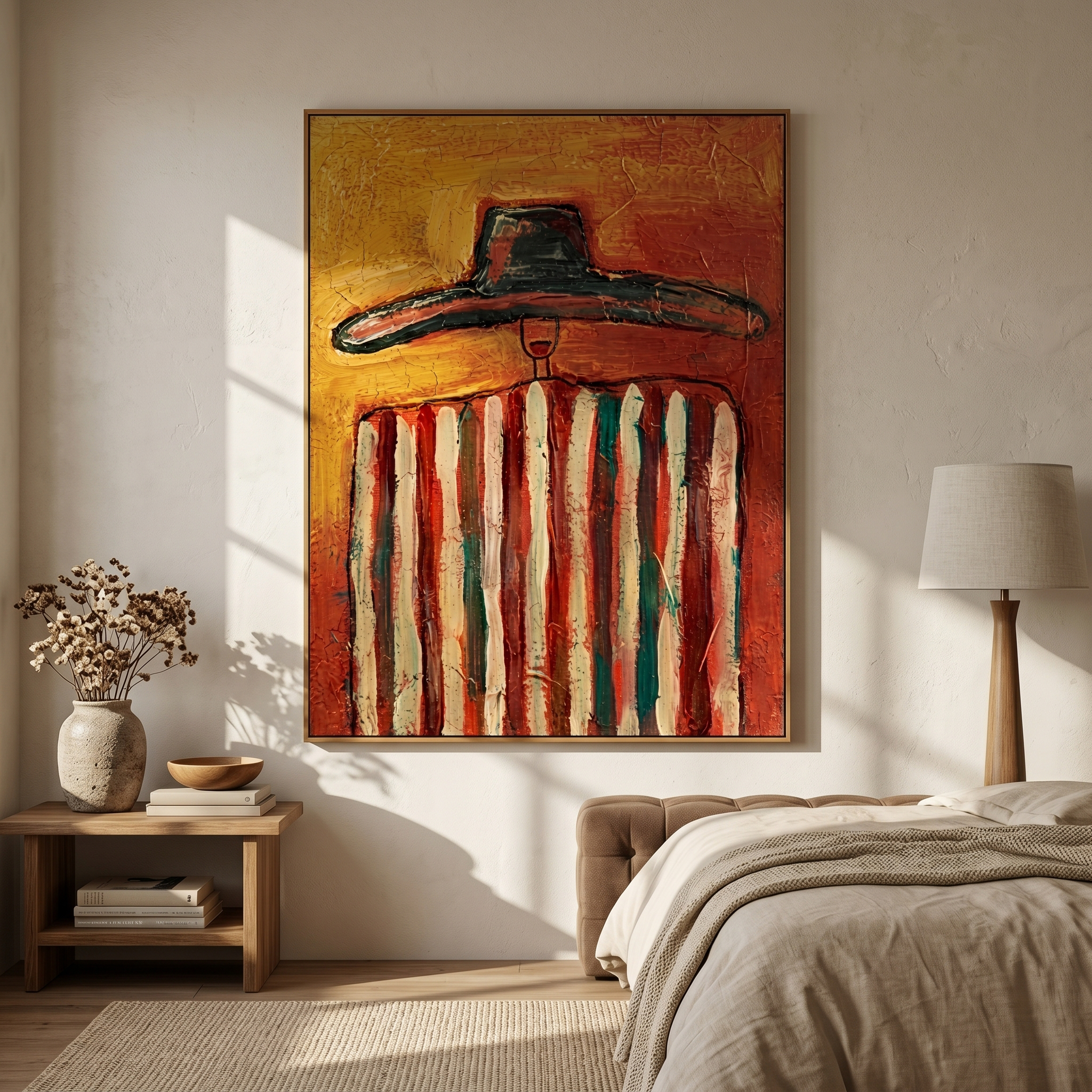 "Cowboy in Warm Stripes" – Stylized Impasto Western Artwork | Earthy Tones Textured Wall Decor | Contemporary Vertical Statement Piece #PE 521