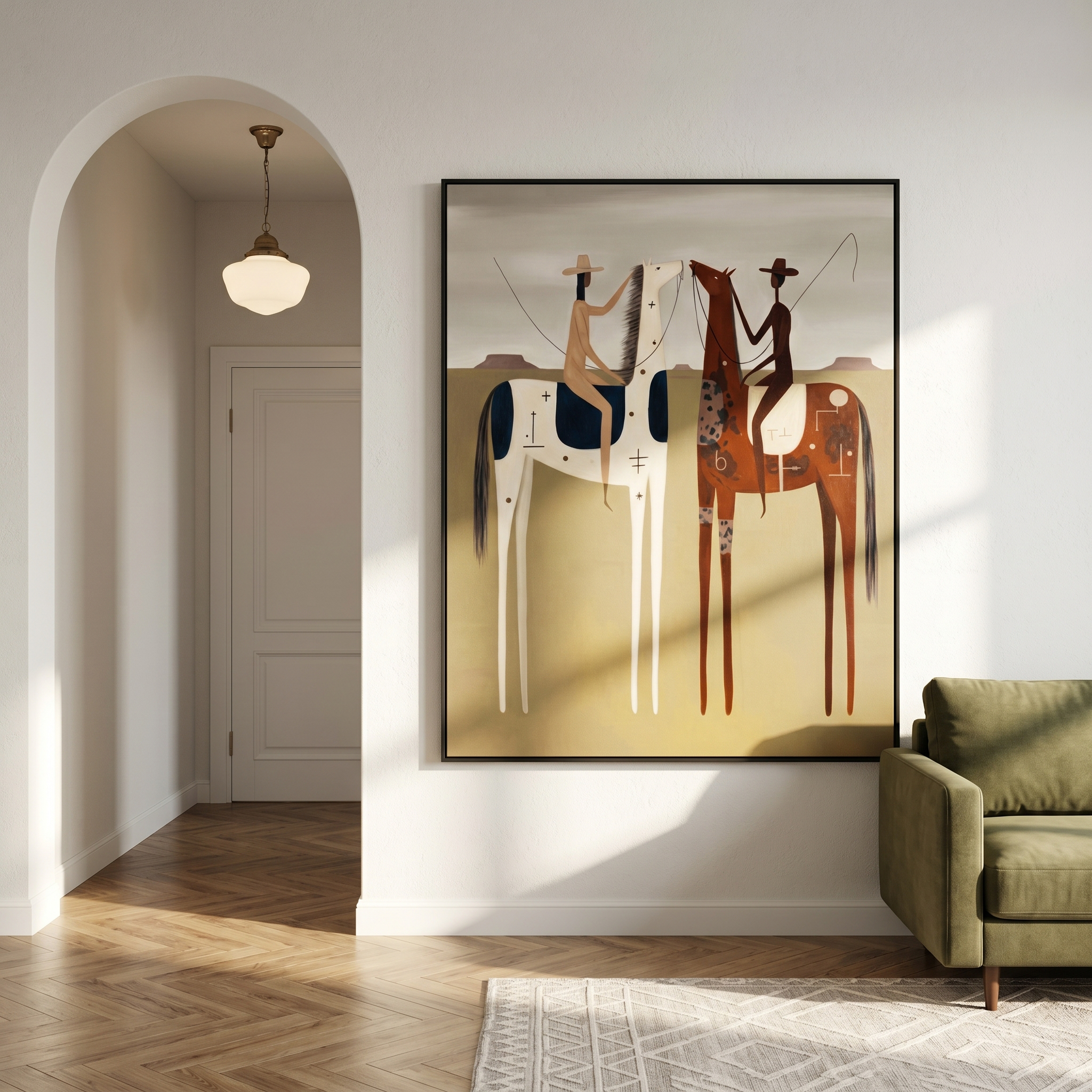 "Dual Frontier Riders" – Modern Heavy Impasto Western Figurative | 3D Clay Ochre & Navy Umber Palette Knife Painting | Luxury Vertical Wall Art #AB 506