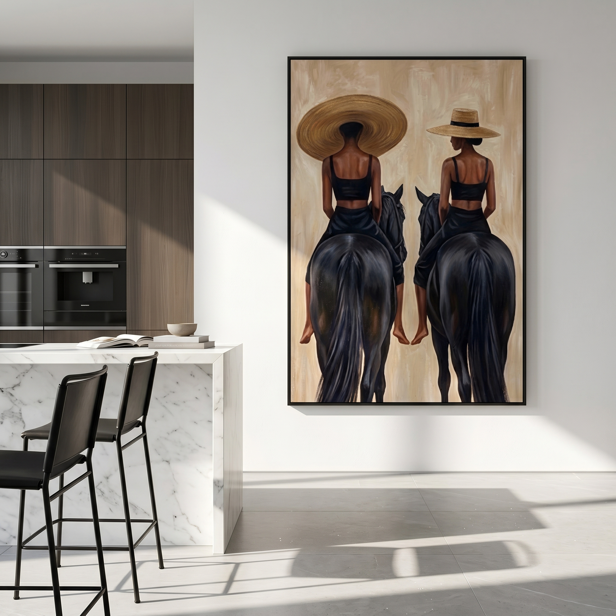 "Two Riders at Dawn" – Modern Heavy Impasto Figurative Art | 3D Raffia & Noir Palette Knife Painting | Luxury Vertical Wall Art #PT 556