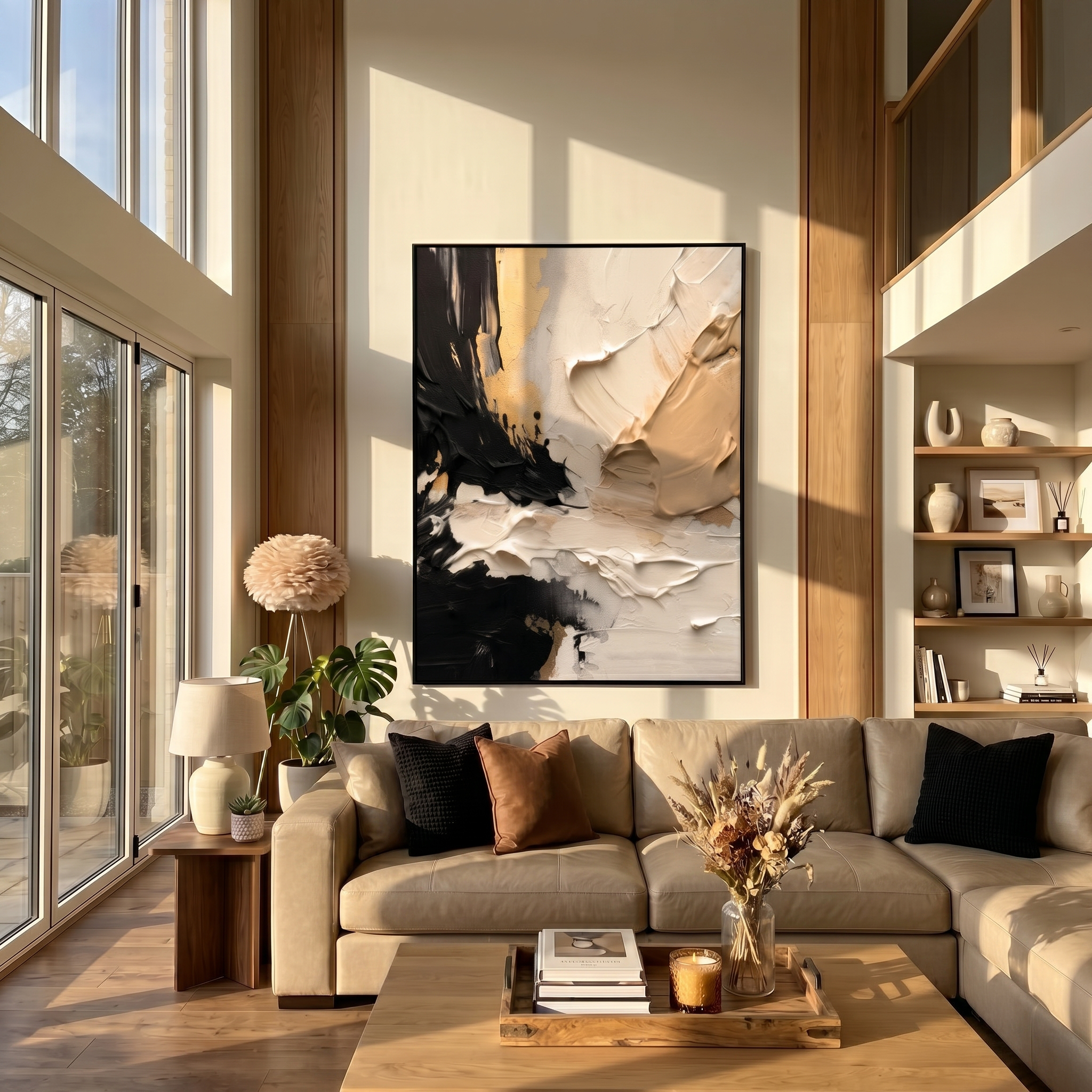 "Noir & Gold Fusion" – Modern Heavy Impasto Abstract | 3D Black, Beige & Gold Palette Knife Painting | Luxury Vertical Wall Art #PT 550
