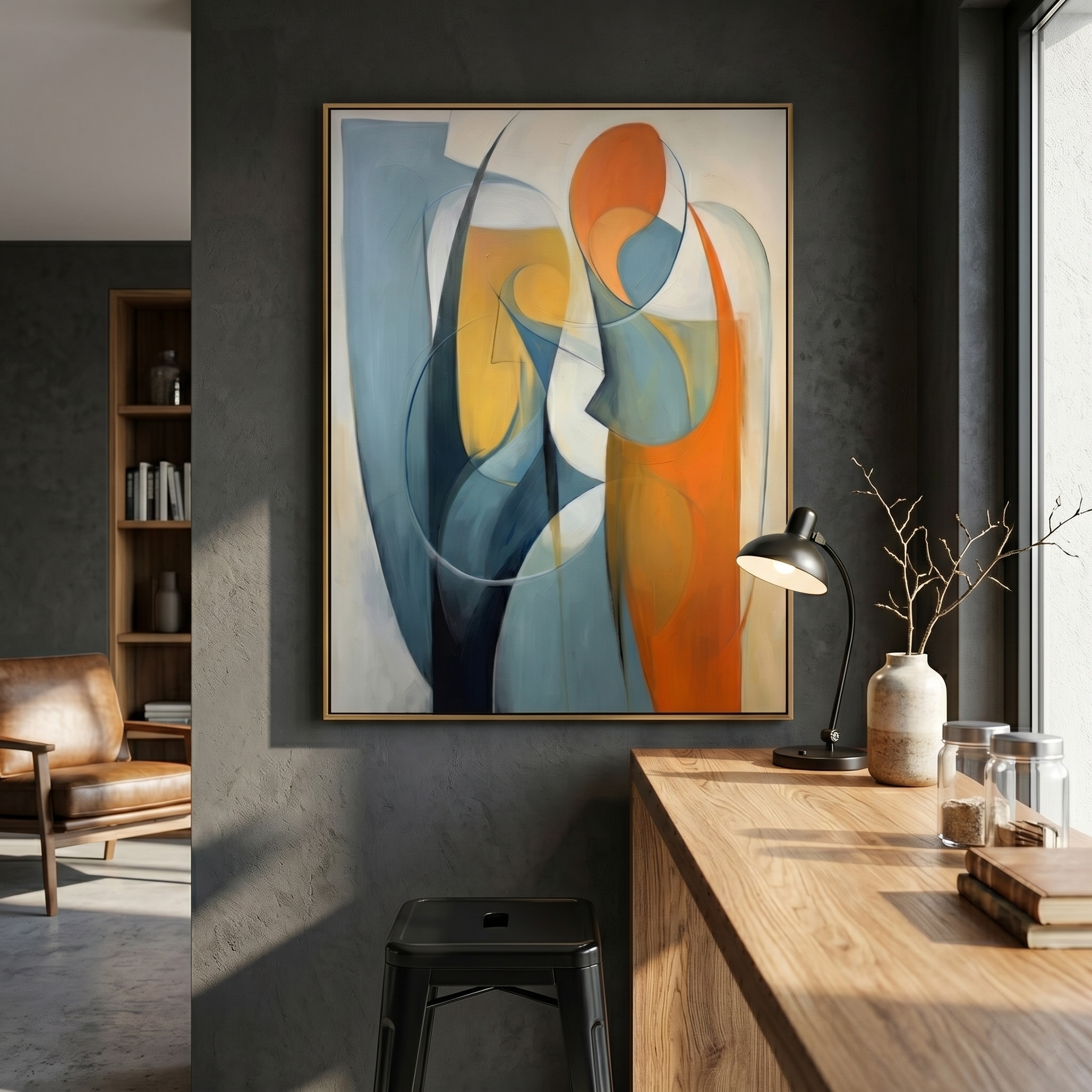 "Soul Resonate" – Mid-Century Modern Geometric Abstract | Cubist Inspired Couple Silhouette Gallery Wall Art #AB983