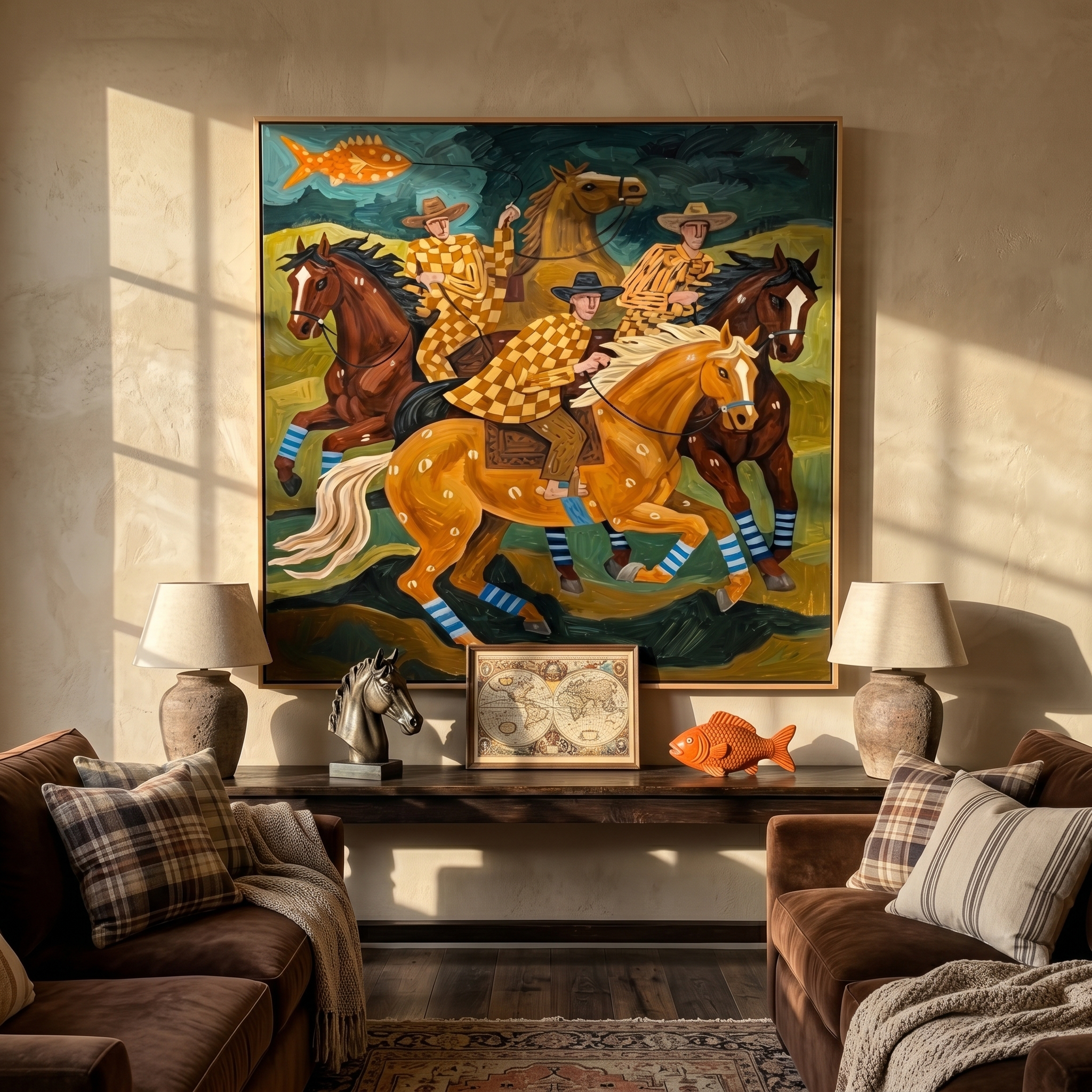 "Checkered Prairie Riders" – Modern Heavy Impasto Folk Western Figurative | 3D Moss Green & Golden Ochre Palette Knife Painting | Luxury Square Wall Art #PT 565