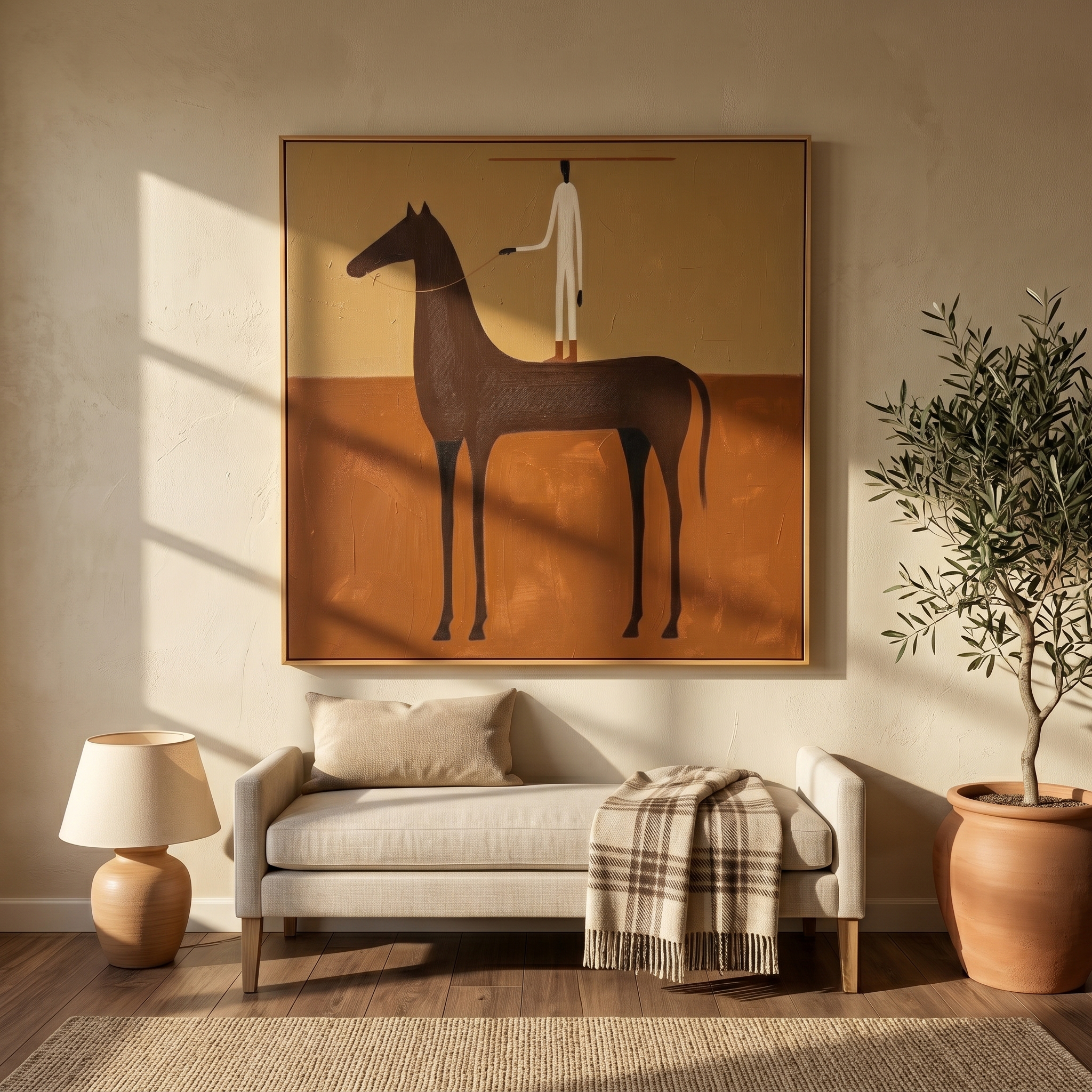 "Minimalist Equine Handler" – Modern Heavy Impasto Abstract Western Figurative | 3D Ochre & Umber Brown Palette Knife Painting | Luxury Square Wall Art #AB 517