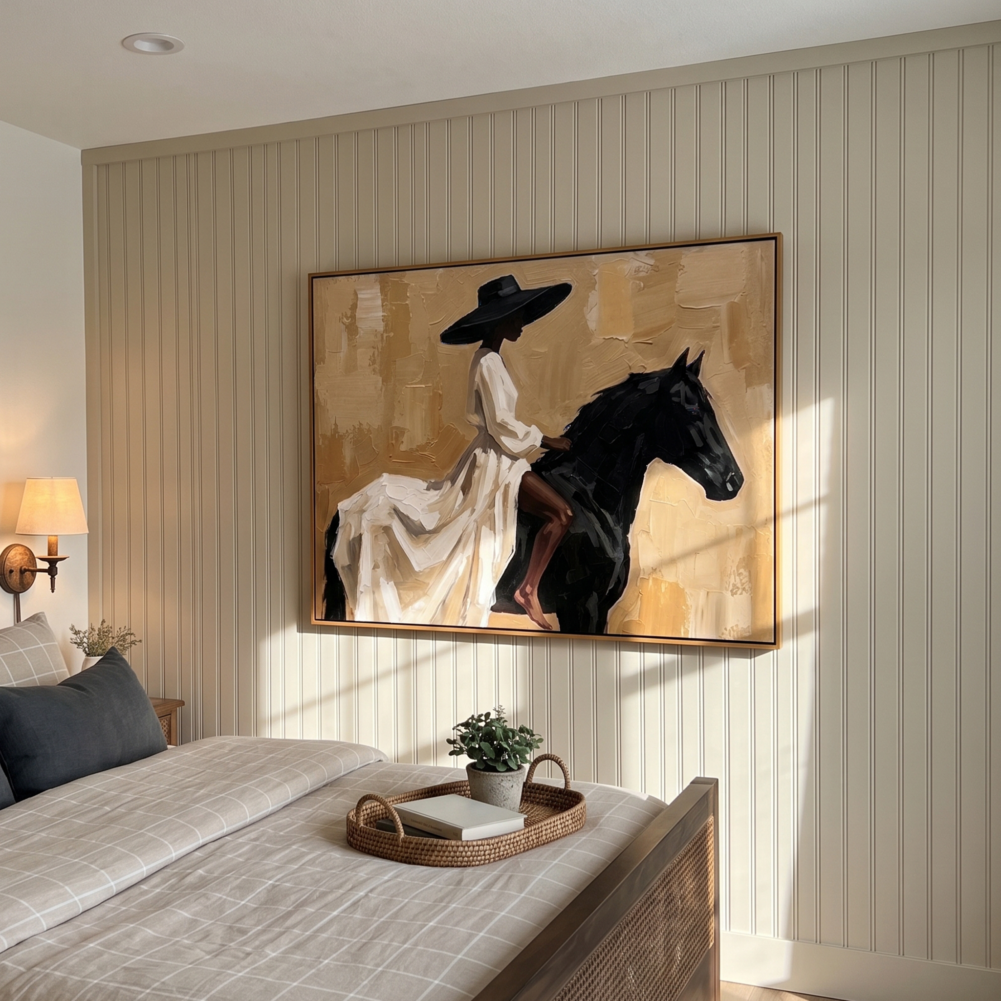 "Elegant Noir Equestrienne" – Modern Heavy Impasto Contemporary Figurative | 3D Warm Sand & Jet Black Palette Knife Painting | Luxury Horizontal Wall Art #PT 562