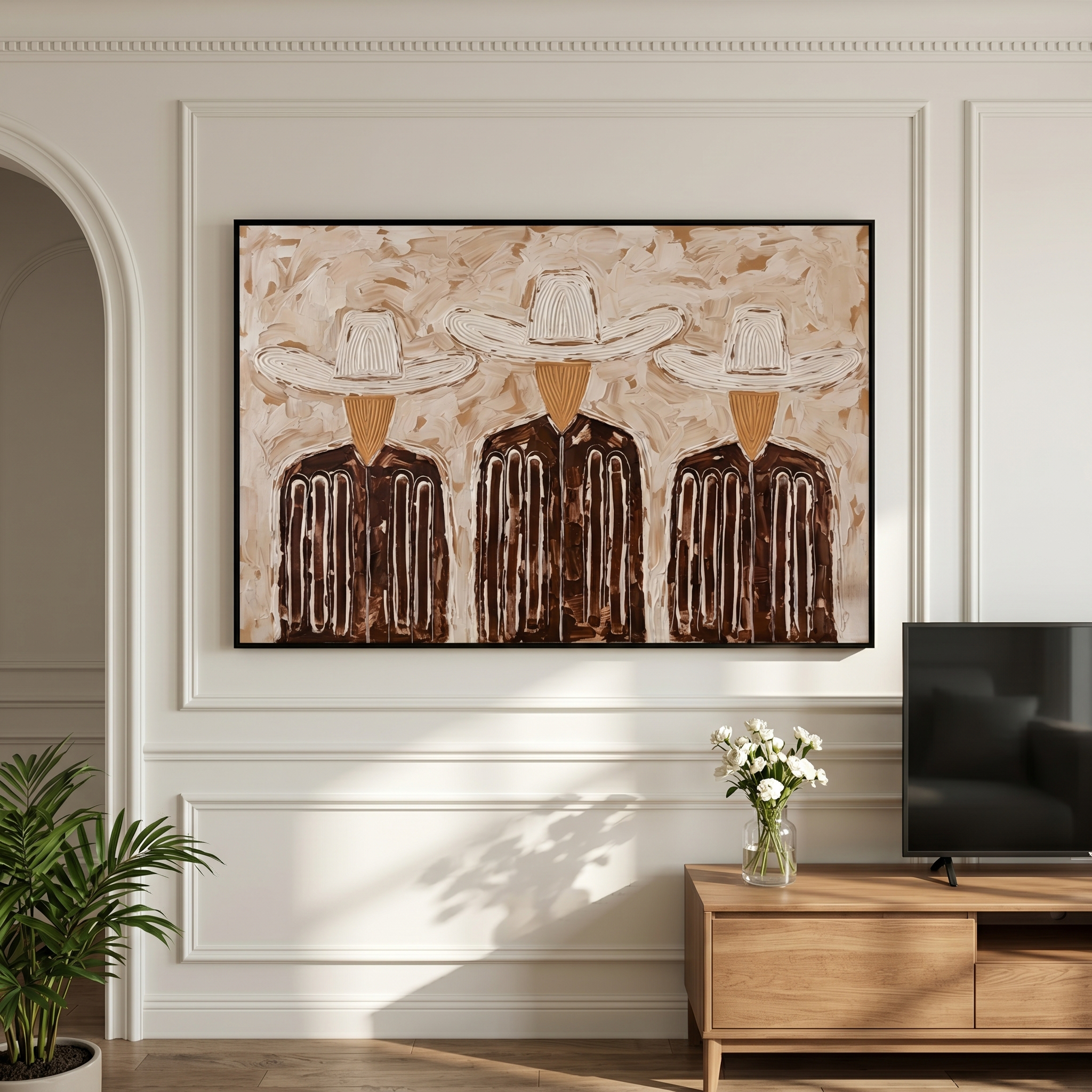 "Three Linear Ranch Cowboys" – Modern Heavy Impasto Minimal Western Figurative | 3D Warm Taupe & Coffee Brown Palette Knife Painting | Luxury Horizontal Wall Art #PE 525