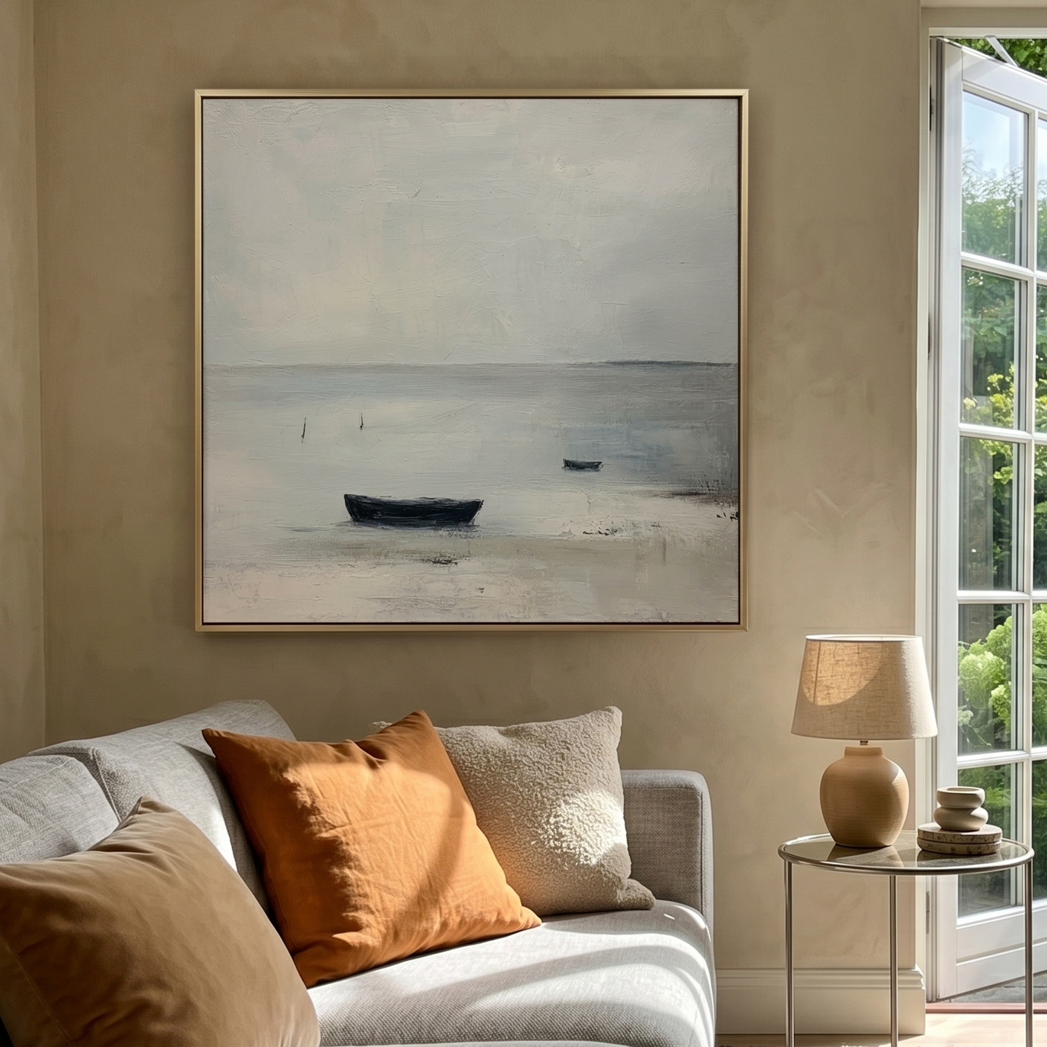 "The Silent Moor" – Modern Zen Minimalist Boat Abstract | Misty Gray Seascape Wabi-Sabi Gallery Art #WS 228