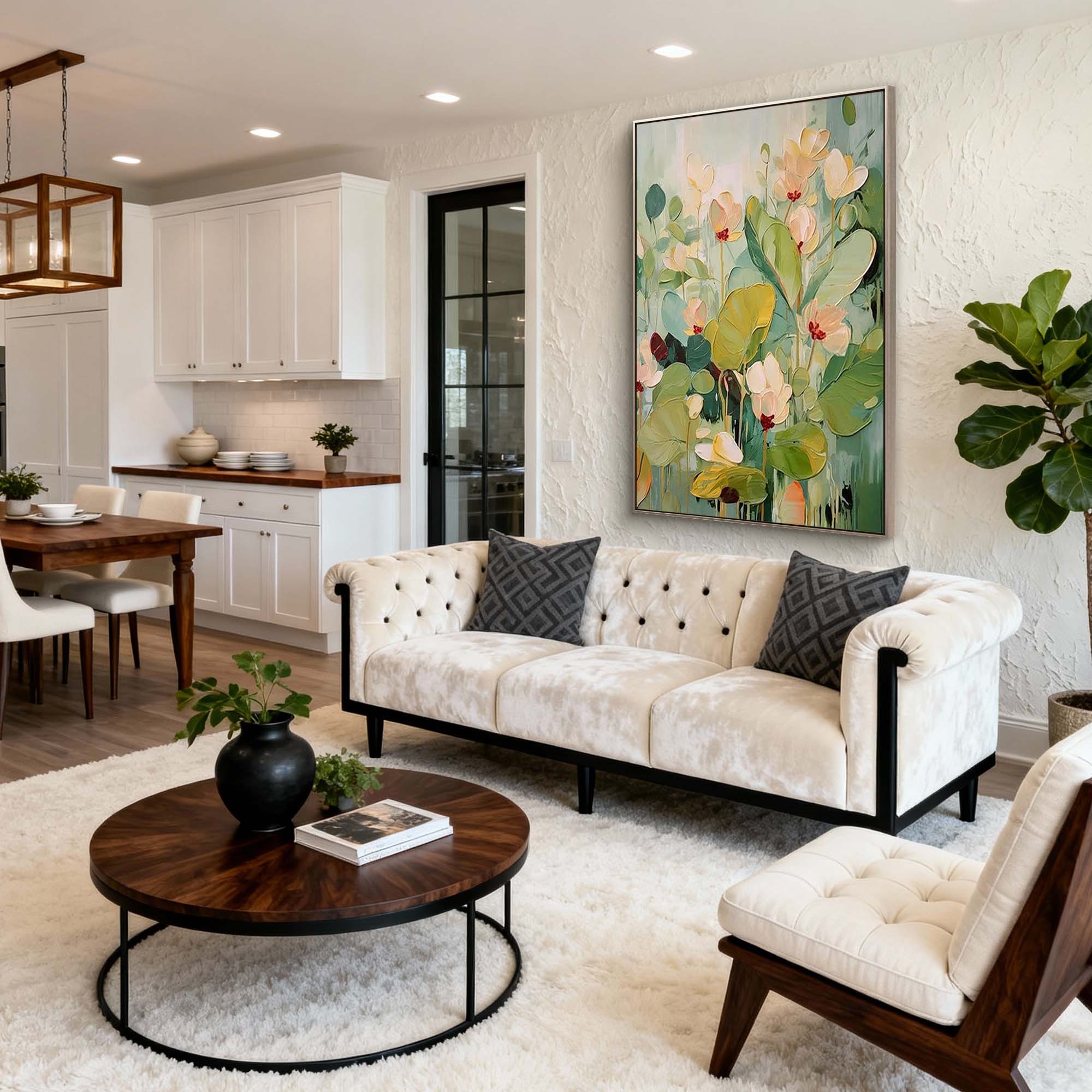 "Ethereal Growth" – Sage Green Impasto Floral Oil Painting | Modern Cream Style Textured Wall Art #FL293