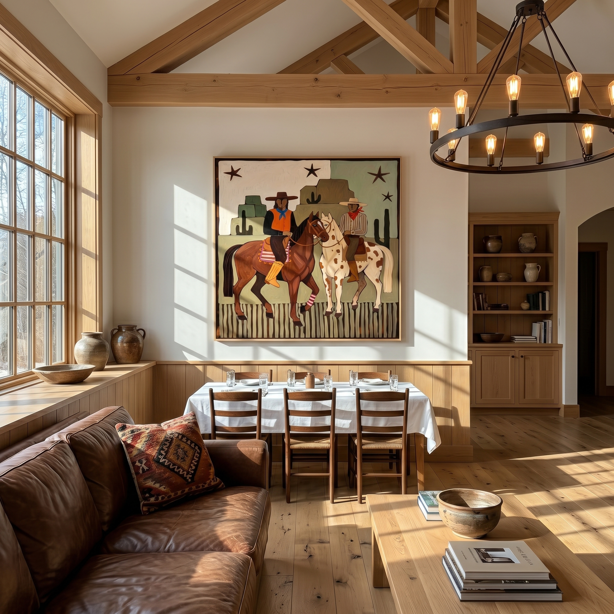 "Dual Frontier Riders" – Modern Heavy Impasto Southwestern Folk Figurative | 3D Muted Sage & Rust Ochre Palette Knife Painting | Luxury Square Wall Art #PT 563
