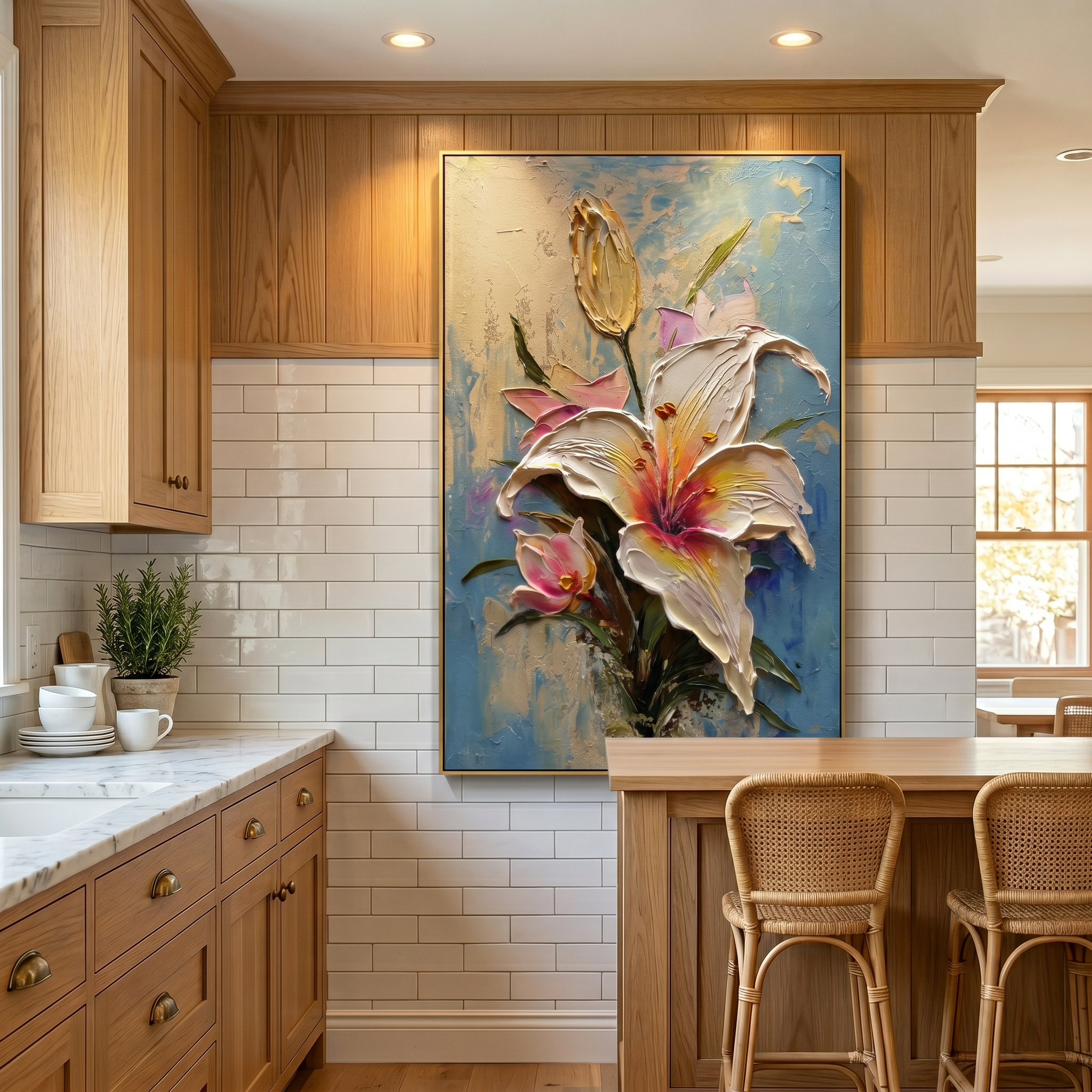 "Ethereal Lily" – 3D Sculptural Heavy Impasto Oil Painting | Luxury Gold Leaf & Blue Textured Floral Wall Art #FL283