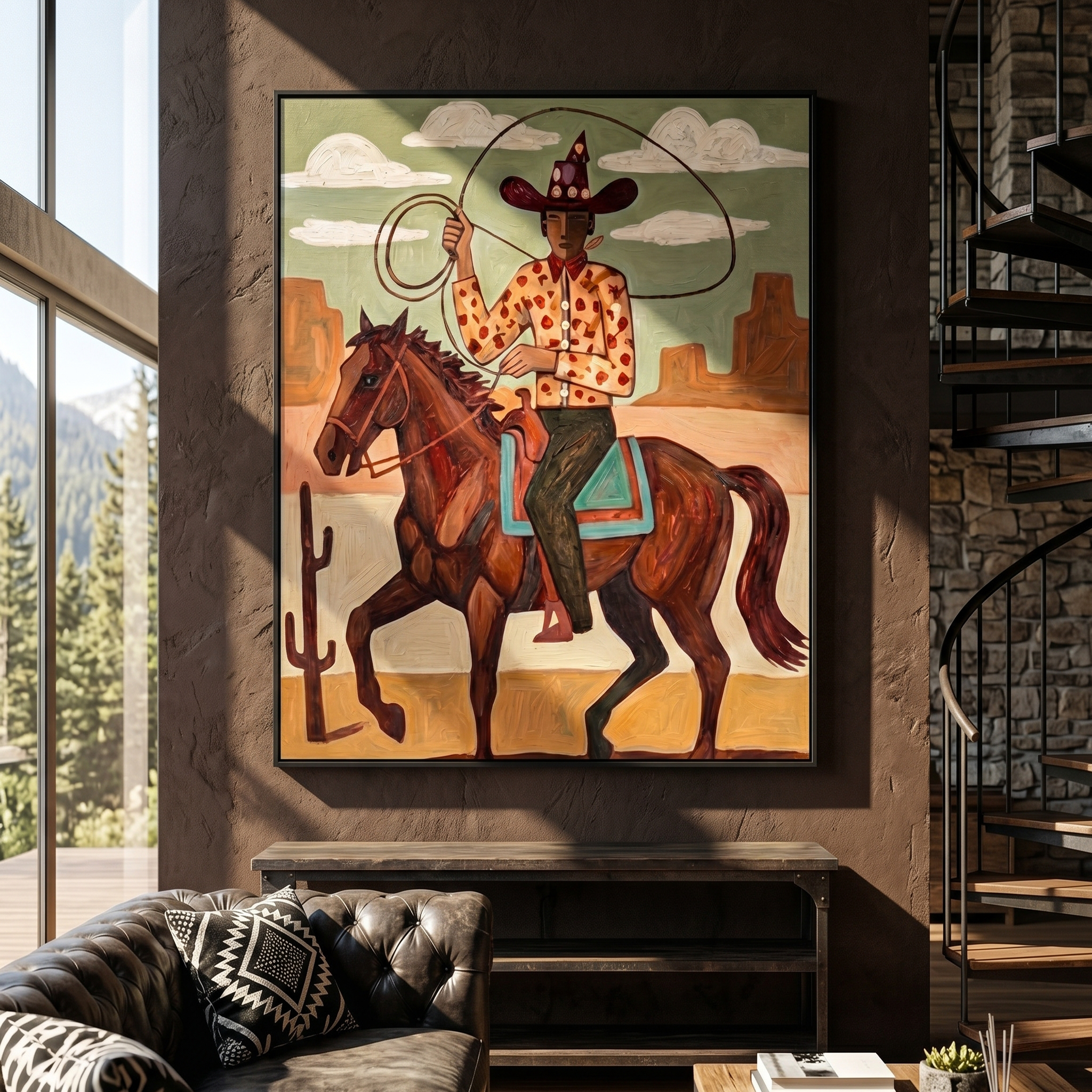 "Desert Lasso Cowboy" – Modern Heavy Impasto Southwestern Folk Figurative | 3D Sage Green & Terracotta Brown Palette Knife Painting | Luxury Vertical Wall Art #PT 559