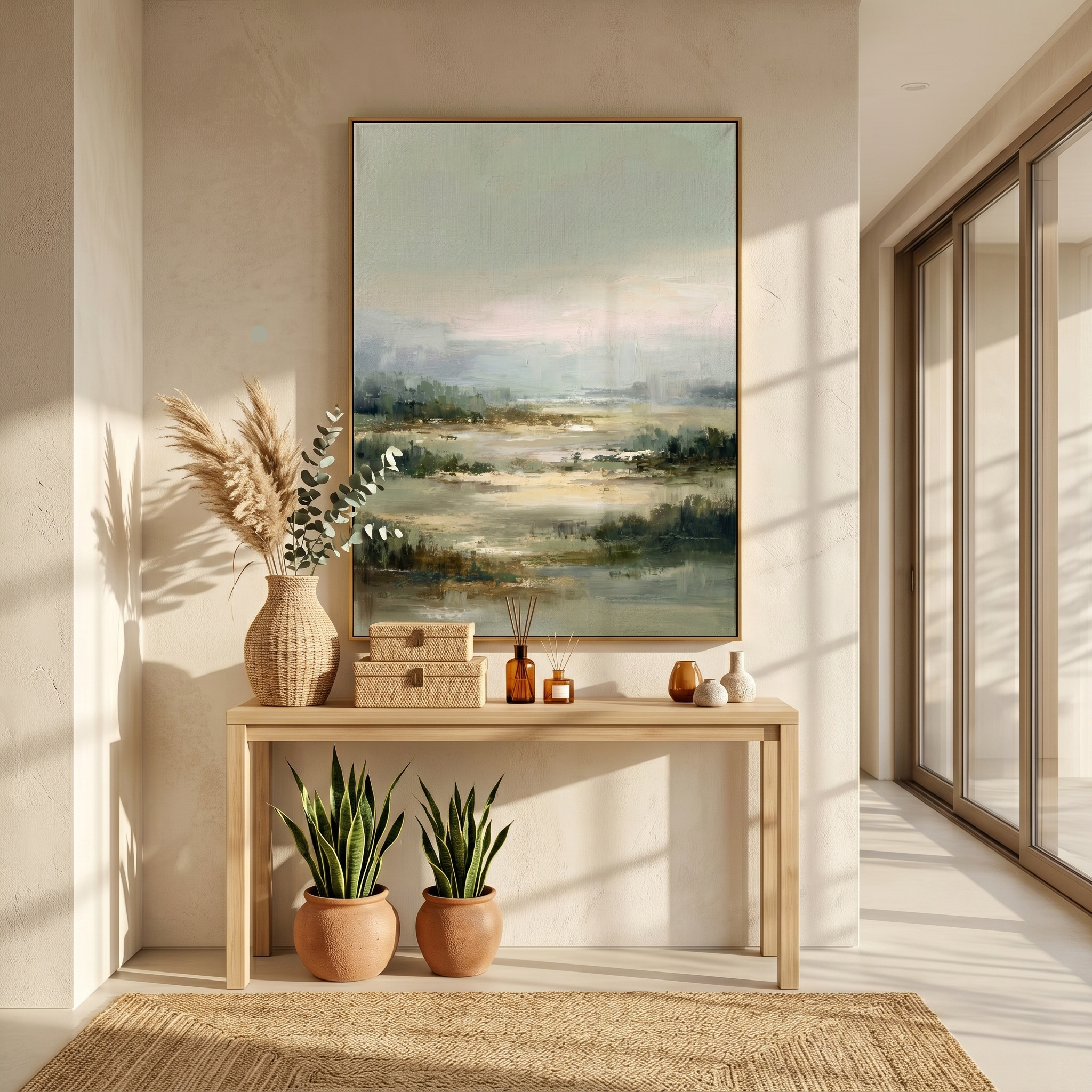 "Pastoral Whisper" – Expressive Impasto Scenic Artwork | Muted Sage & Beige Wetland Landscape | Luxury Minimalist Statement Wall Art #PT 552