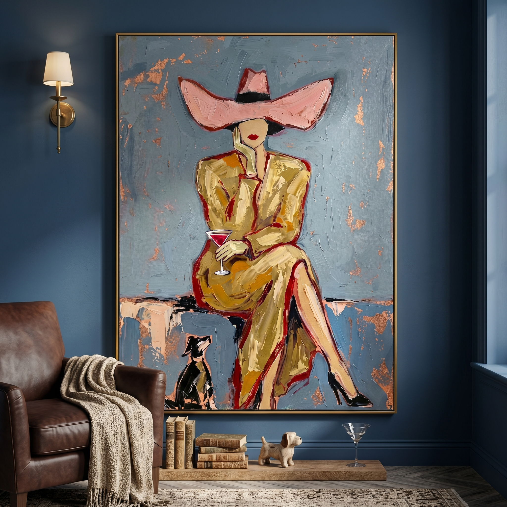 "Retro Elegance: Woman in Pink Hat" – Stylized Impasto Portrait | Sophisticated Neutral & Gold Accent Wall Decor | Contemporary Vertical Statement Piece #PE 507
