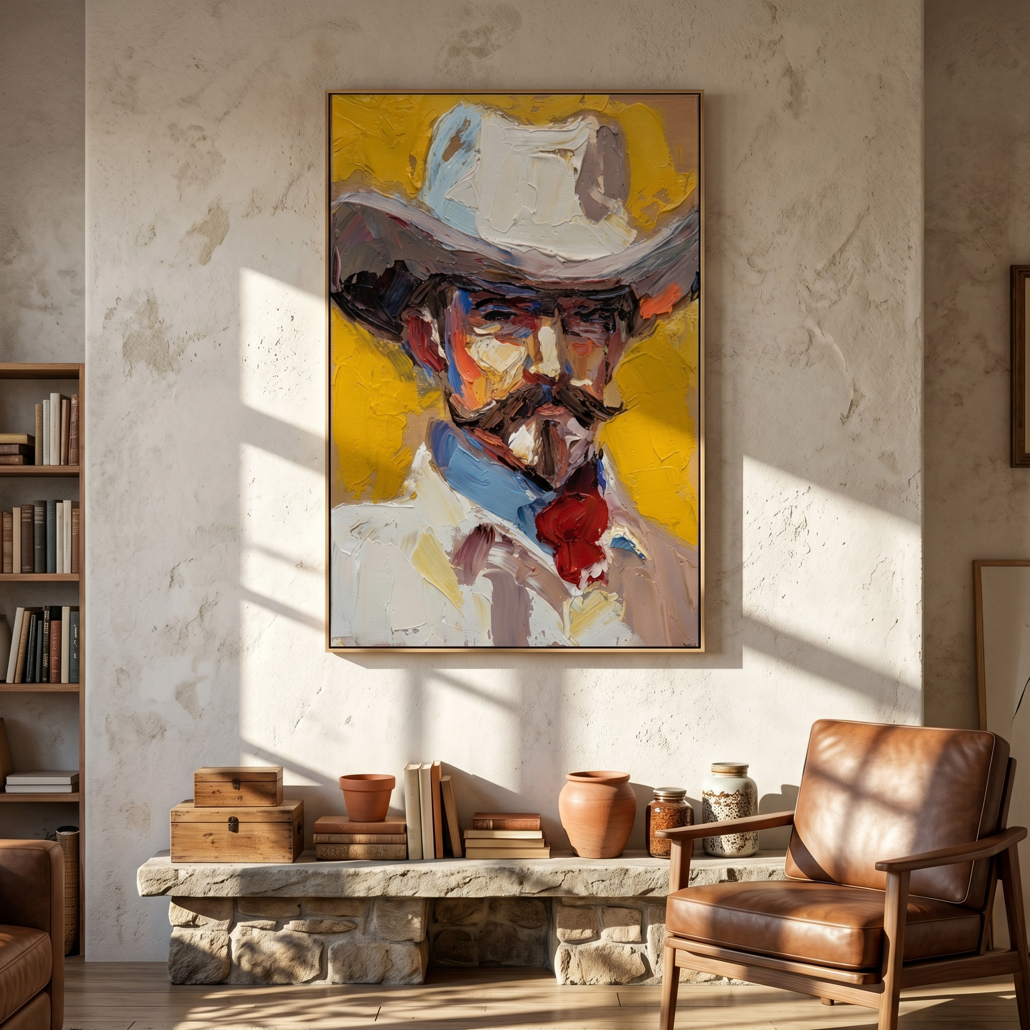 "Sunlit Cowboy Portrait" – Modern Heavy Impasto Western Art | 3D Marigold & Crimson Palette Knife Painting | Luxury Vertical Wall Art #PE 522