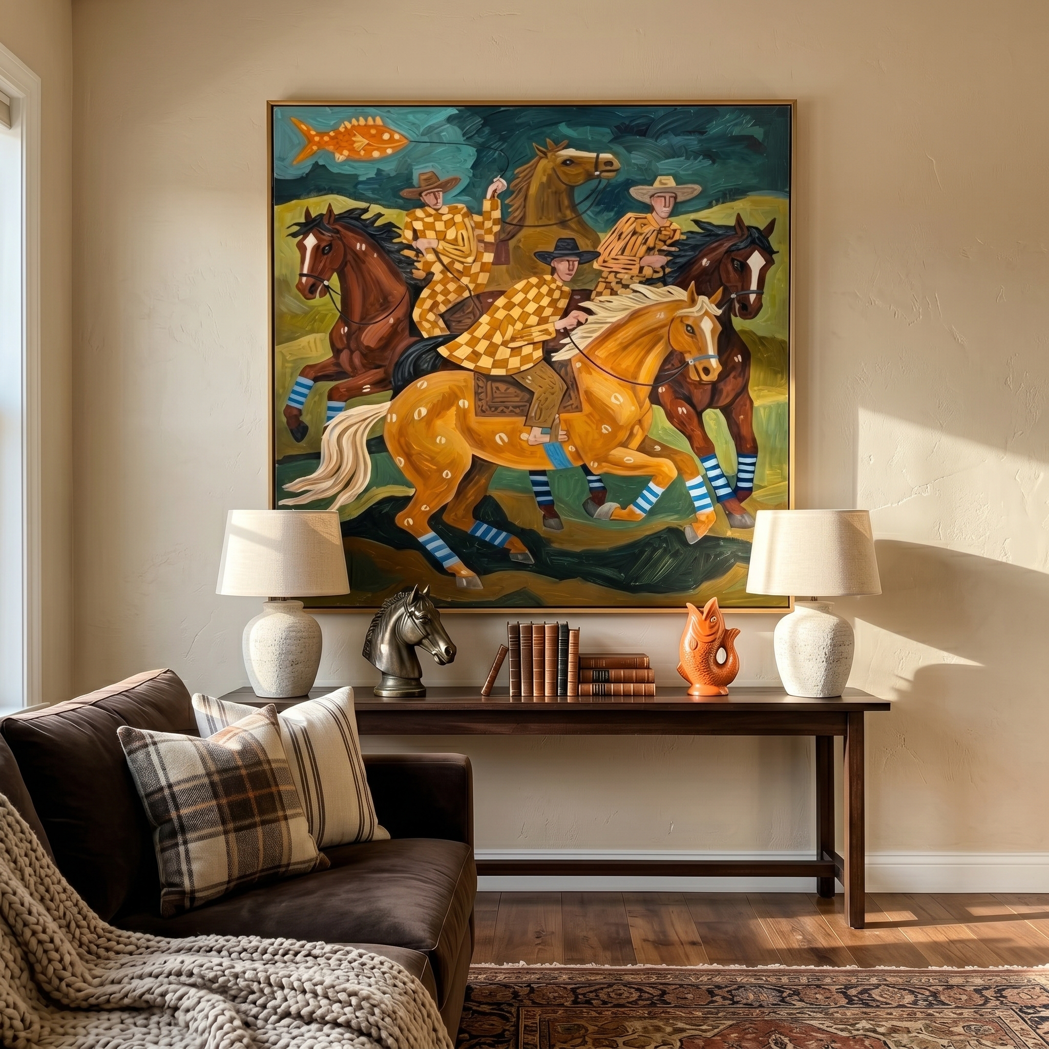 "Checkered Prairie Riders" – Modern Heavy Impasto Folk Western Figurative | 3D Moss Green & Golden Ochre Palette Knife Painting | Luxury Square Wall Art #PT 565