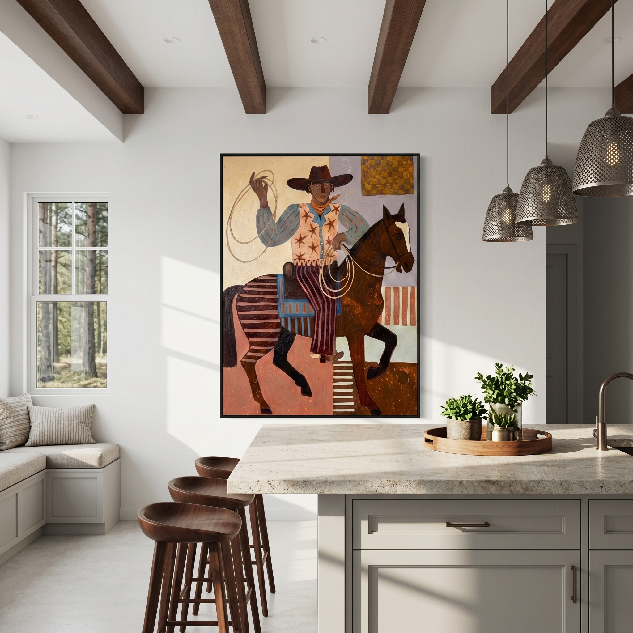 "Star Vest Rodeo Cowboy" – Modern Heavy Impasto Folk Western Figurative | 3D Warm Terracotta & Sky Blue Palette Knife Painting | Luxury Vertical Wall Art #PT 560