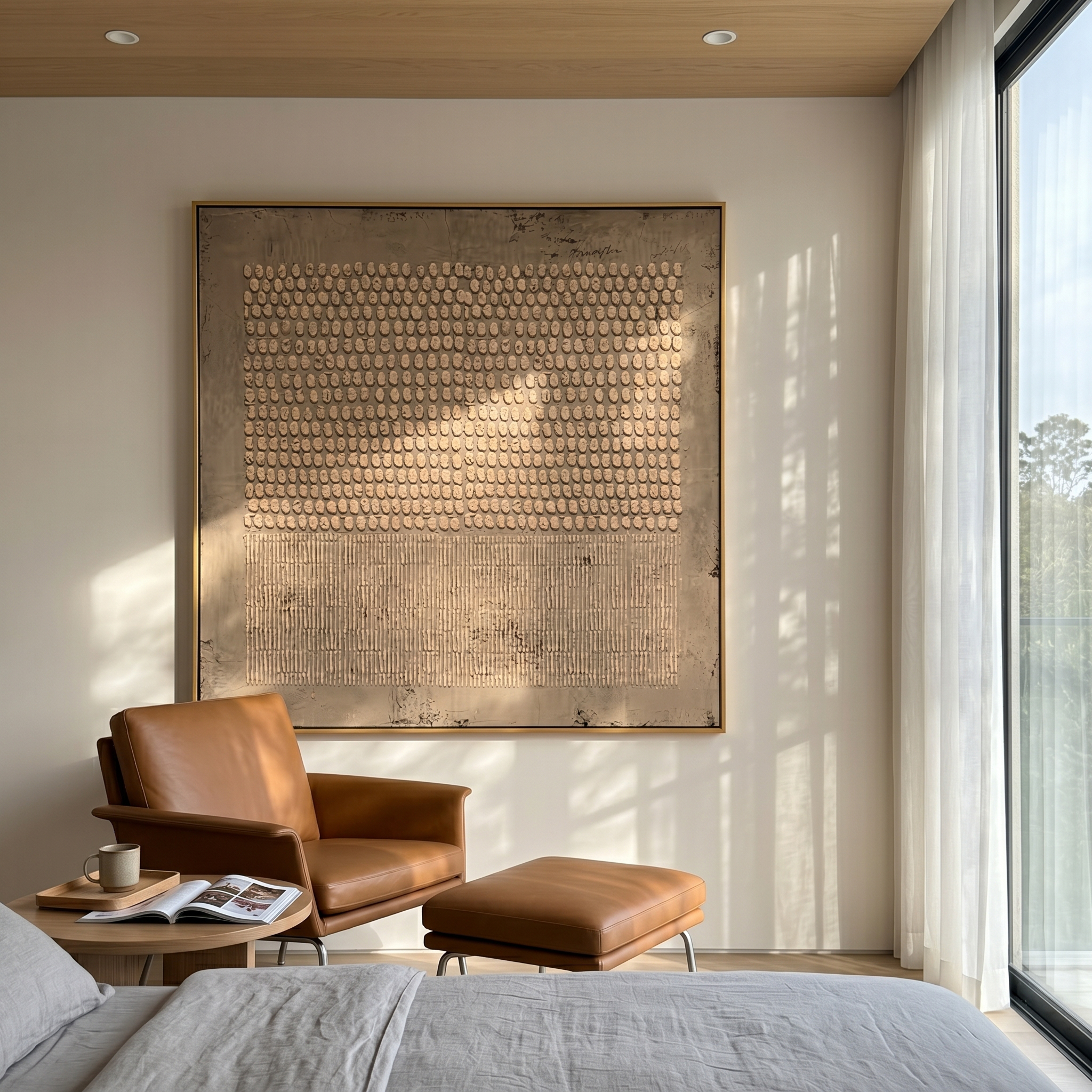 "Dots & Lines Neutral Relief" – Modern Heavy Impasto Abstract Art | 3D Taupe & Beige Textured Palette Knife Painting | Luxury Square Wall Art #WS 245
