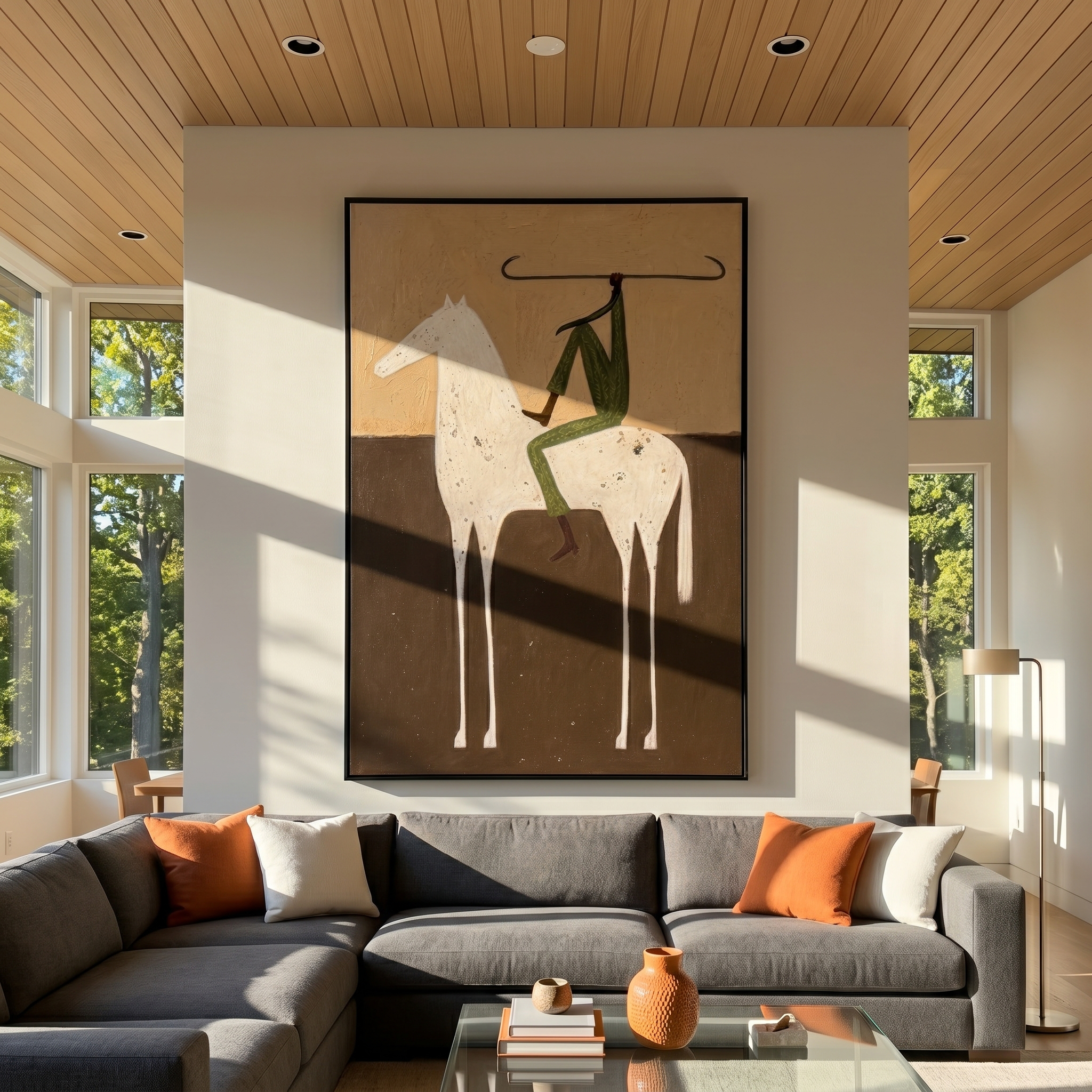 "Minimalist Speckled Steed Rider" – Modern Heavy Impasto Figurative Art | 3D Ochre & Forest Green Palette Knife Painting | Luxury Vertical Wall Art #AB 505