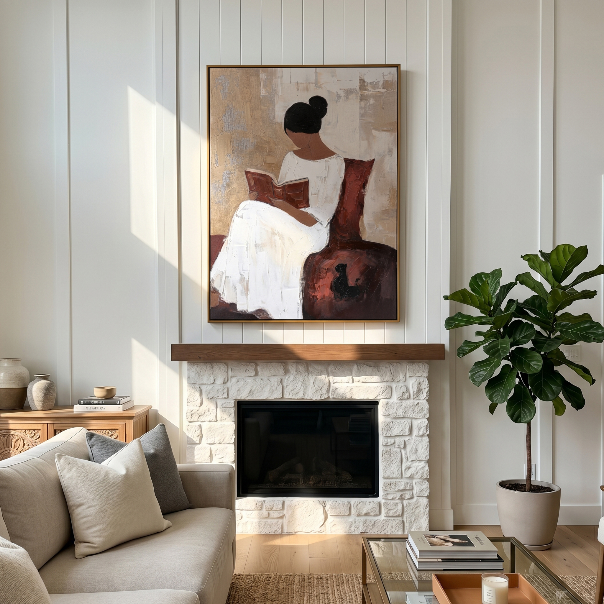 "Serene Reader's Moment" – Textured Abstract Portrait Art | Beige, White & Deep Red Woman with Book Painting | Contemporary Wall Decor #PE 500