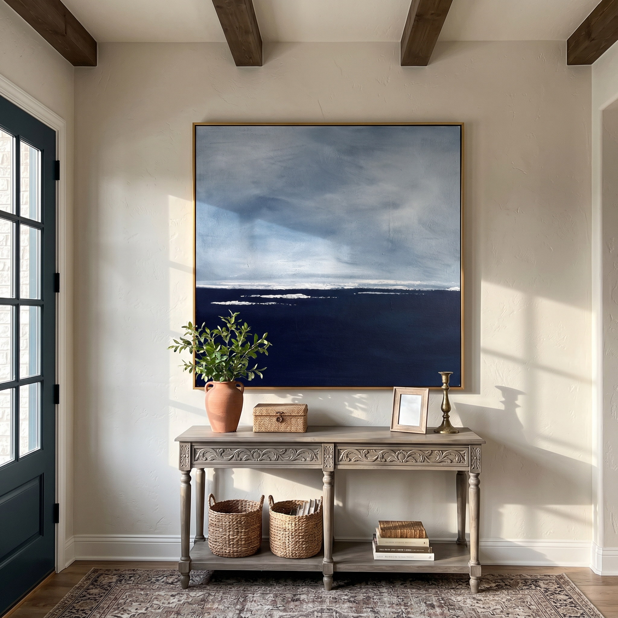 "Still Horizon" – Modern Heavy Impasto Seascape | Calm Blue & White Palette Knife Painting | Luxury Square Wall Art #PT 551