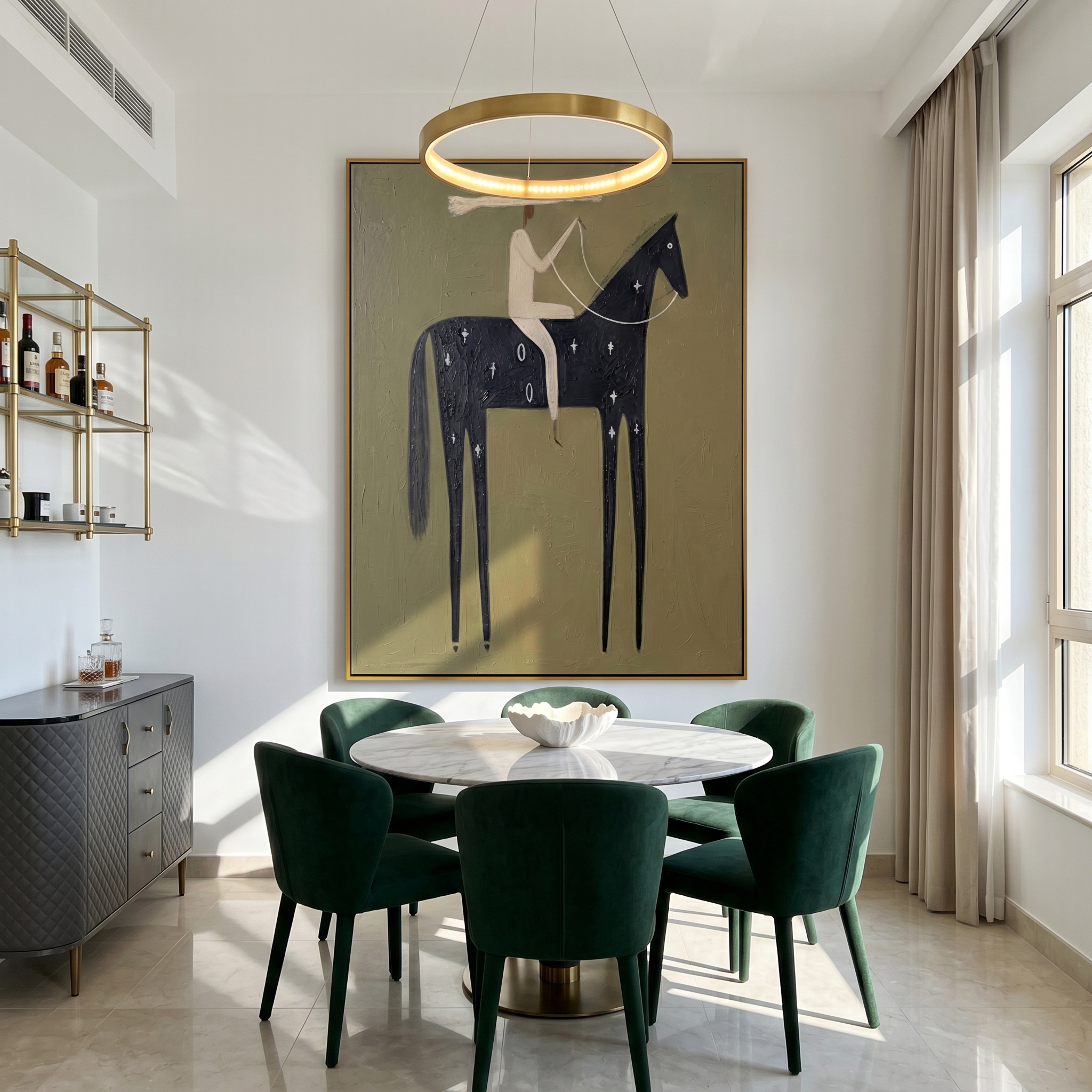 "Starry Marked Desert Horseman" – Modern Heavy Impasto Primitive Western Figurative | 3D Muted Olive & Cream Ebony Palette Knife Painting | Luxury Vertical Wall Art #AB 516