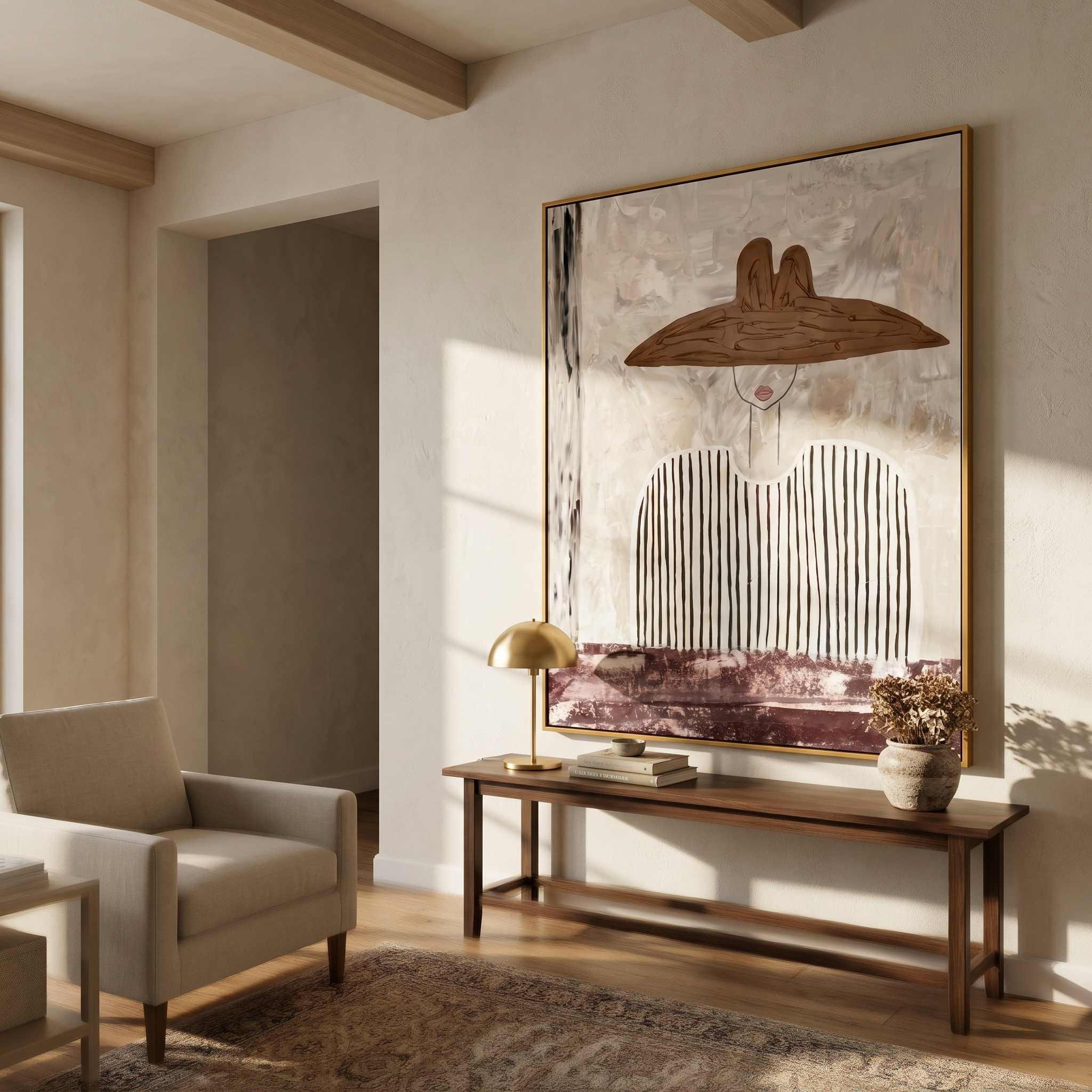 "Neutral Elegance with the Wide Brim" – Expressive Sculptural Art | 3D Layered Taupe & Plum Canvas | Luxury Vertical Wall Art #PE 512
