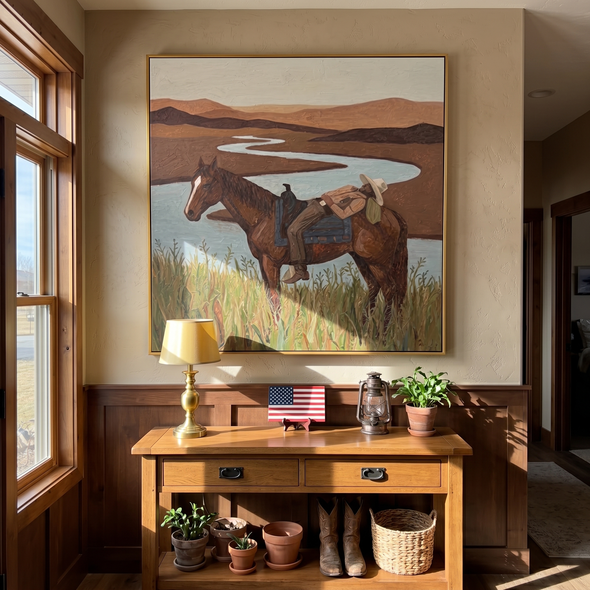 "Riverside Siesta Cowboy" – Modern Heavy Impasto Western Landscape Figurative | 3D Clay Terracotta & Muted Aqua Palette Knife Painting | Luxury Square Wall Art #PT 566
