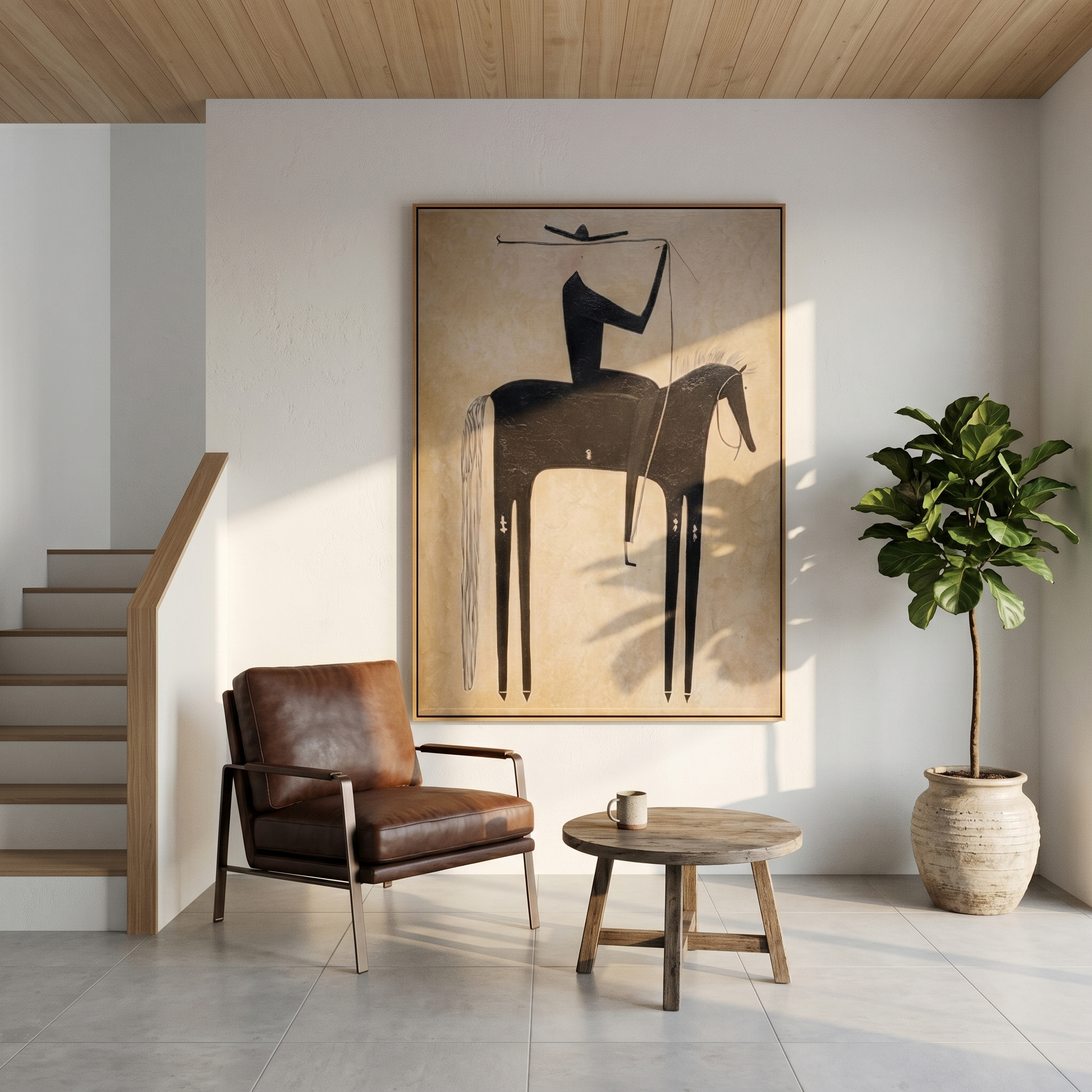 "The Minimalist Cowboy" – Modern Folk Impasto Western Art | 3D Noir & Sepia Palette Knife Painting | Luxury Vertical Wall Art #AB 501