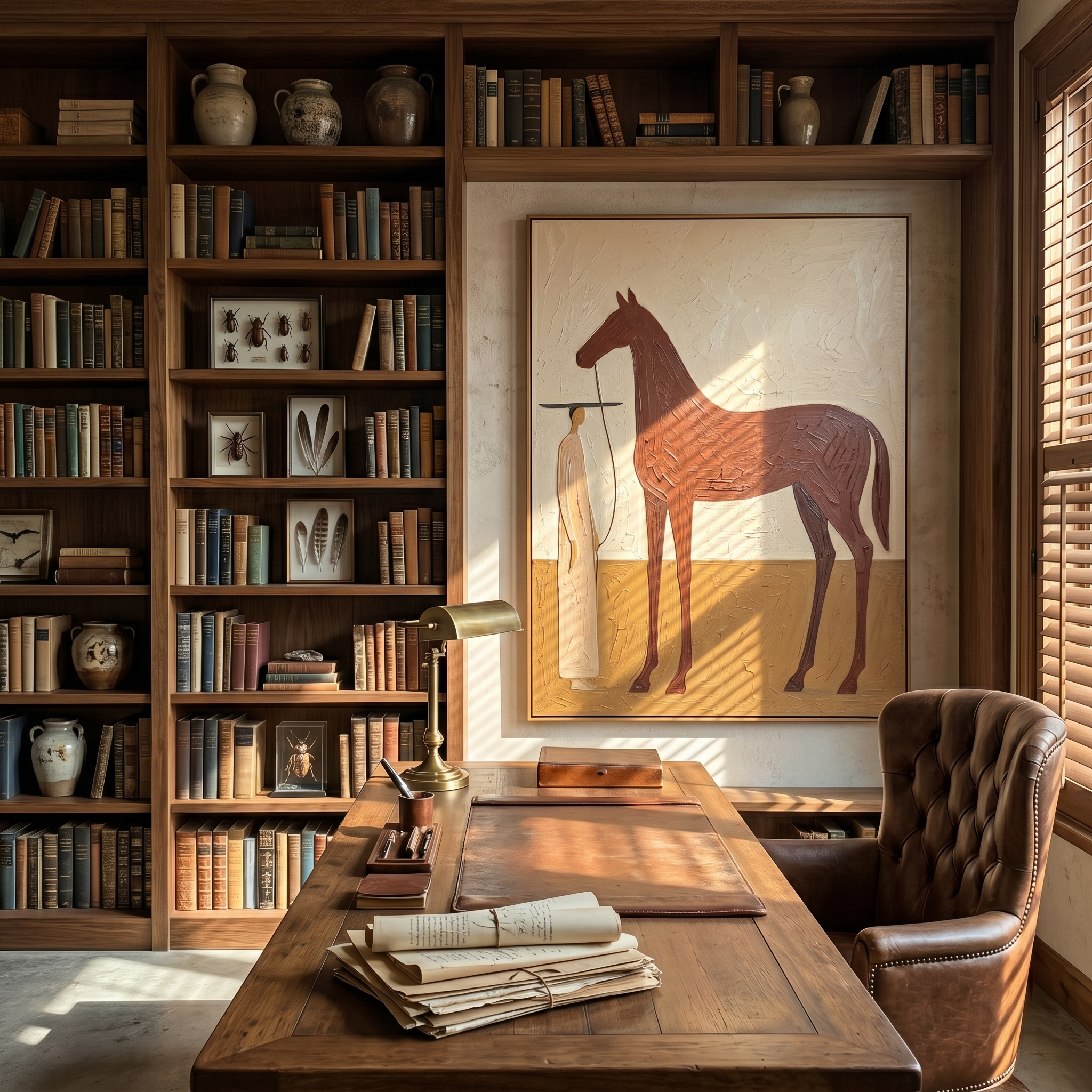 "Calm Equine Keeper" – Modern Heavy Impasto Minimal Western Figurative | 3D Warm Russet & Sand Beige Palette Knife Painting | Luxury Vertical Wall Art #AB 514