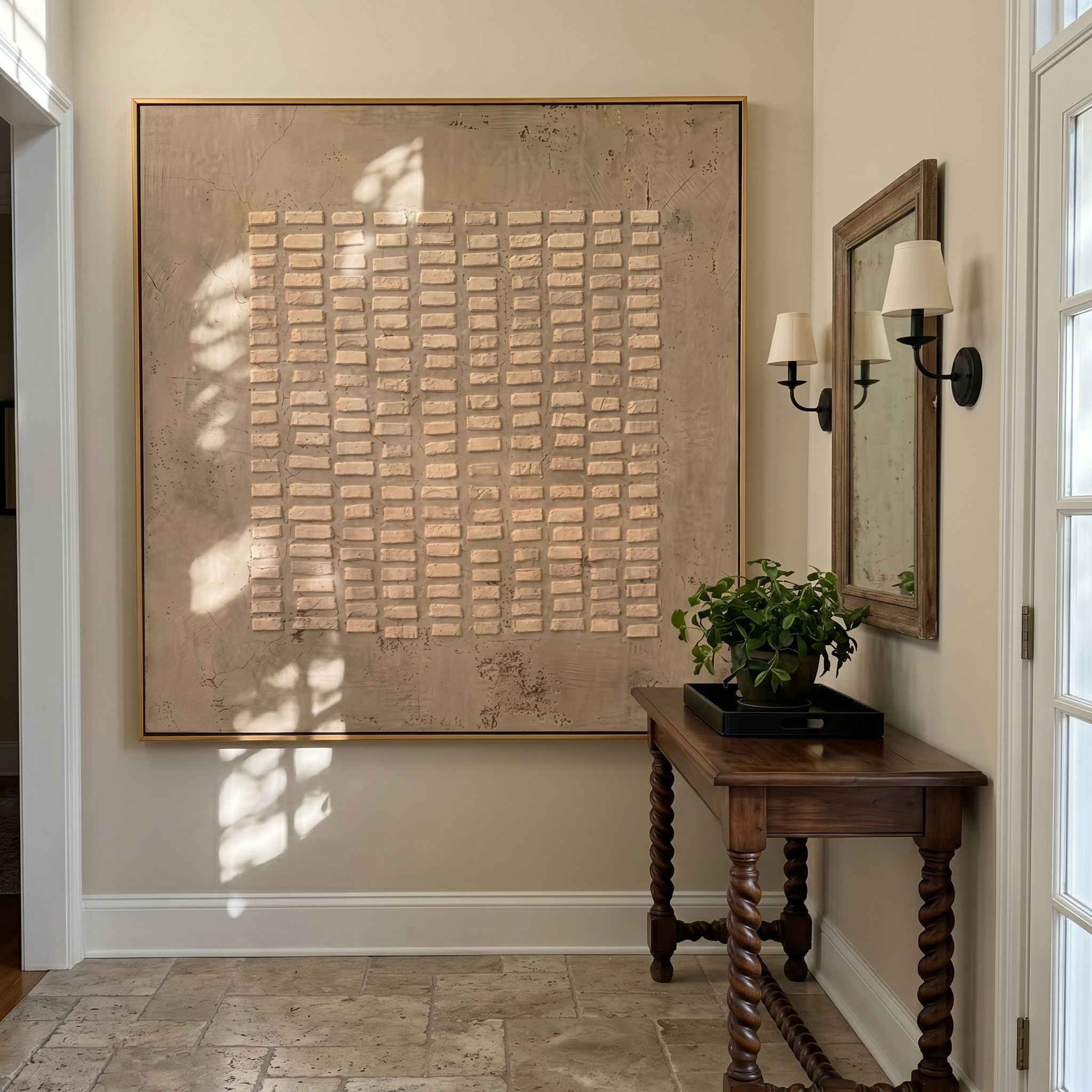 "Brick Relief Neutral Abstract" – Modern Heavy Impasto Art | 3D Taupe & Beige Textured Palette Knife Painting | Luxury Square Wall Art #WS 244