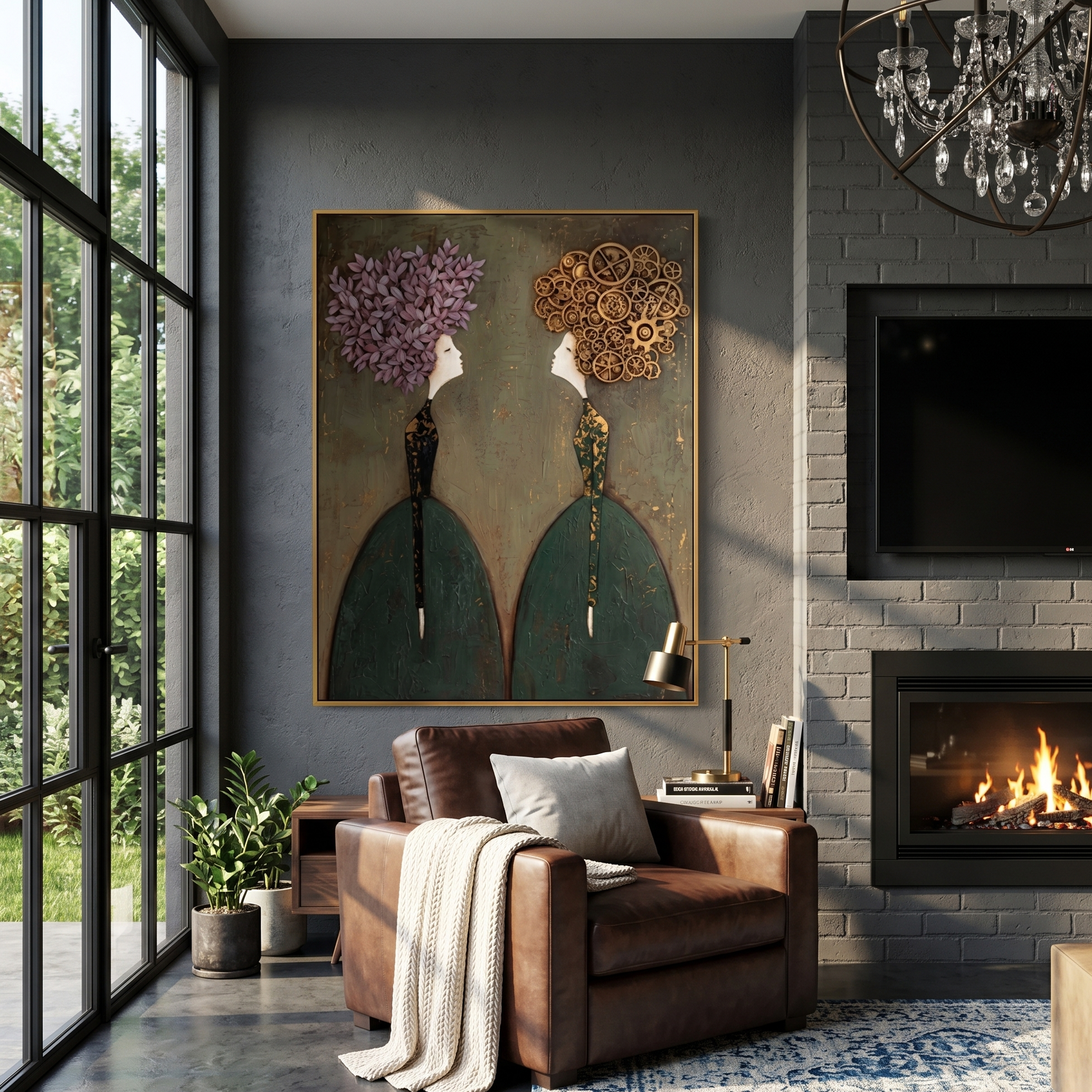 "Floral & Gear Dialogue" – Textured Abstract Portrait Art | Deep Green & Purple Steampunk Women Painting | Contemporary Vertical Wall Decor #PE 499