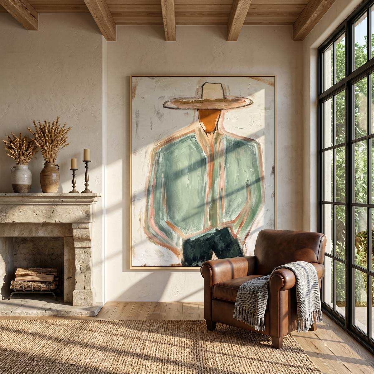 "The Modern Cowboy" – Heavy Impasto Abstract Portrait | 3D Green & Terracotta Palette Knife Painting | Luxury Vertical Wall Art #PE 504