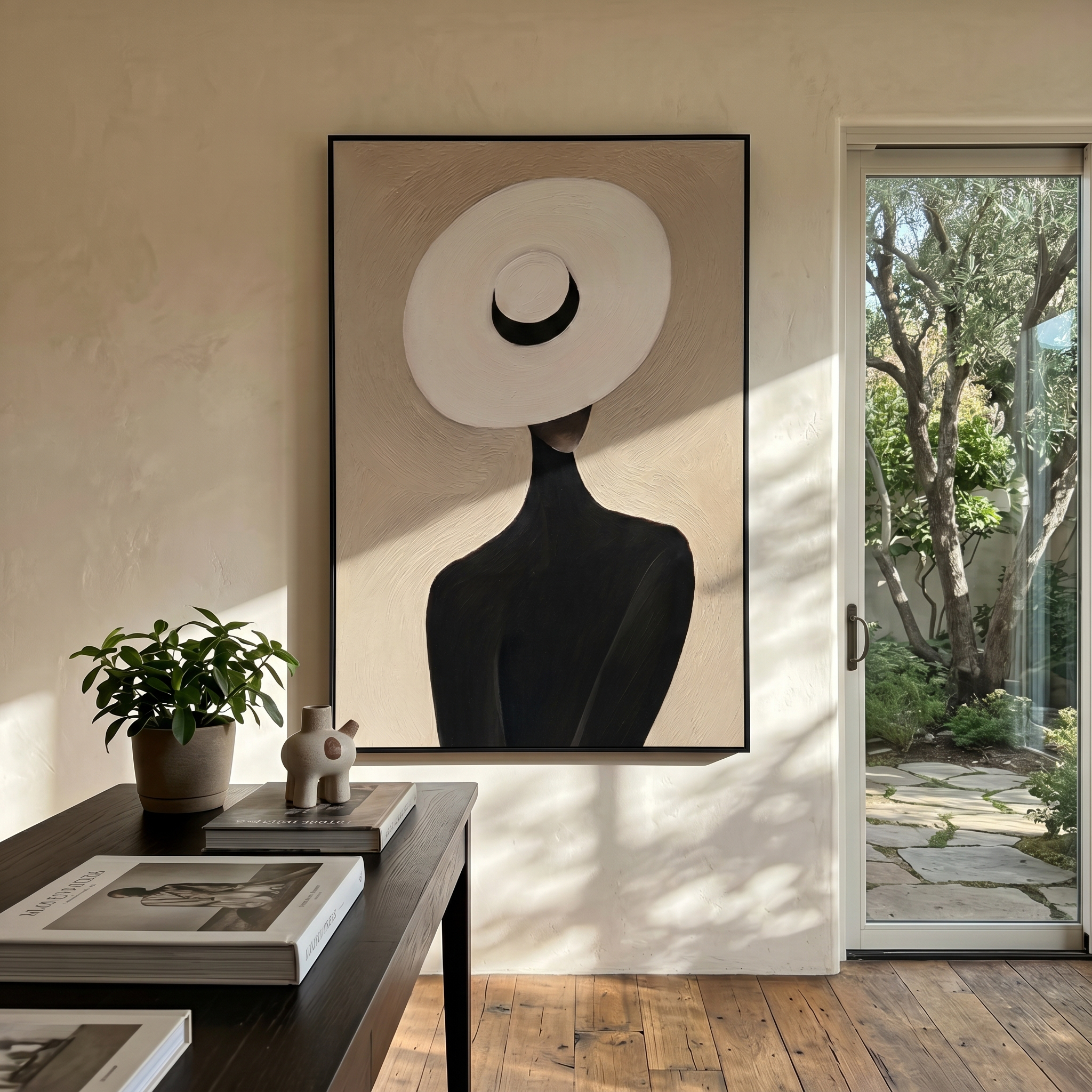 "The White Hat Silhouette" – Modern Heavy Impasto Abstract Portrait | 3D Beige & Noir Palette Knife Painting | Luxury Vertical Wall Art #PE 510