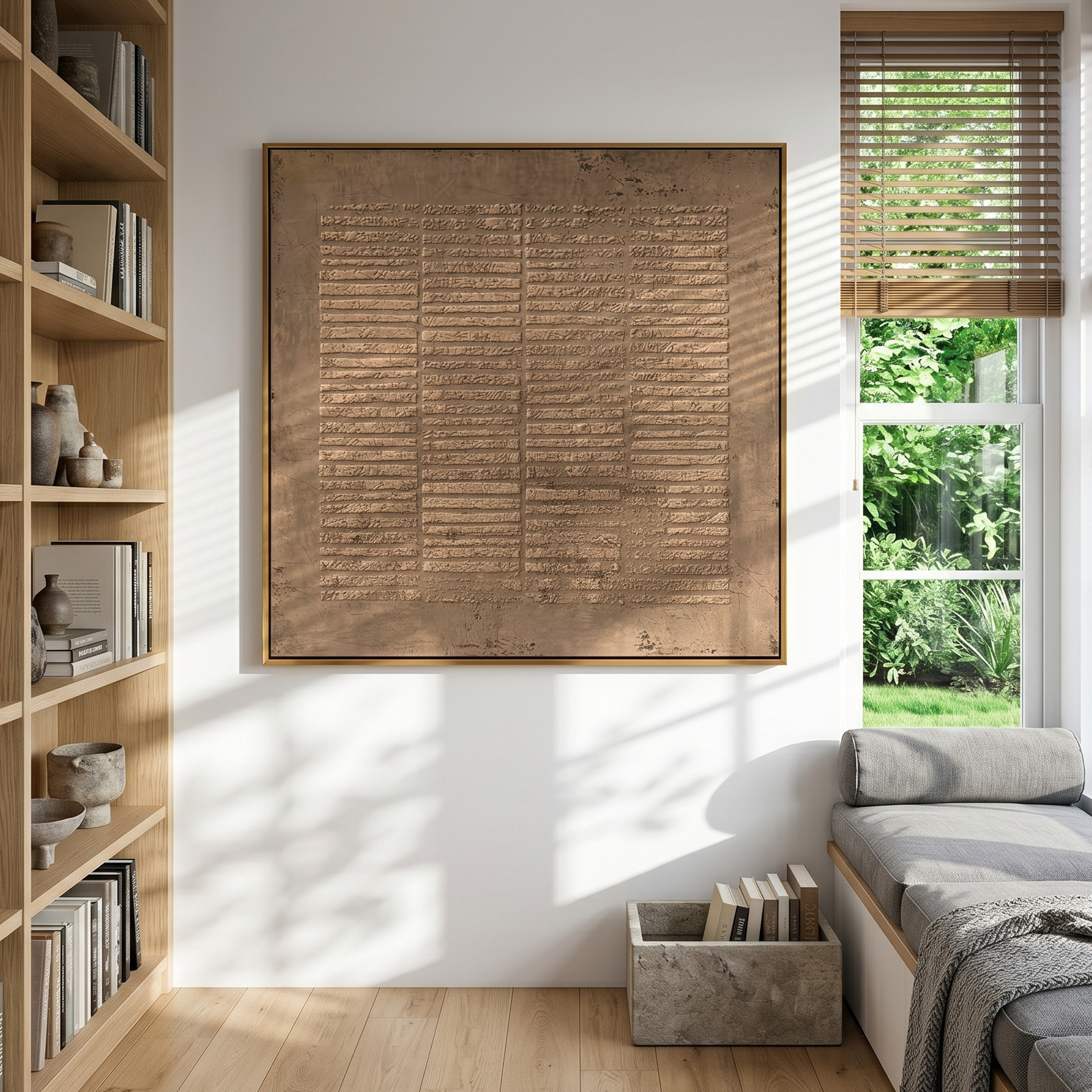 "Ancient Script Relief" – Modern Heavy Impasto Abstract Art | 3D Bronze & Beige Textured Palette Knife Painting | Luxury Square Wall Art #WS 246
