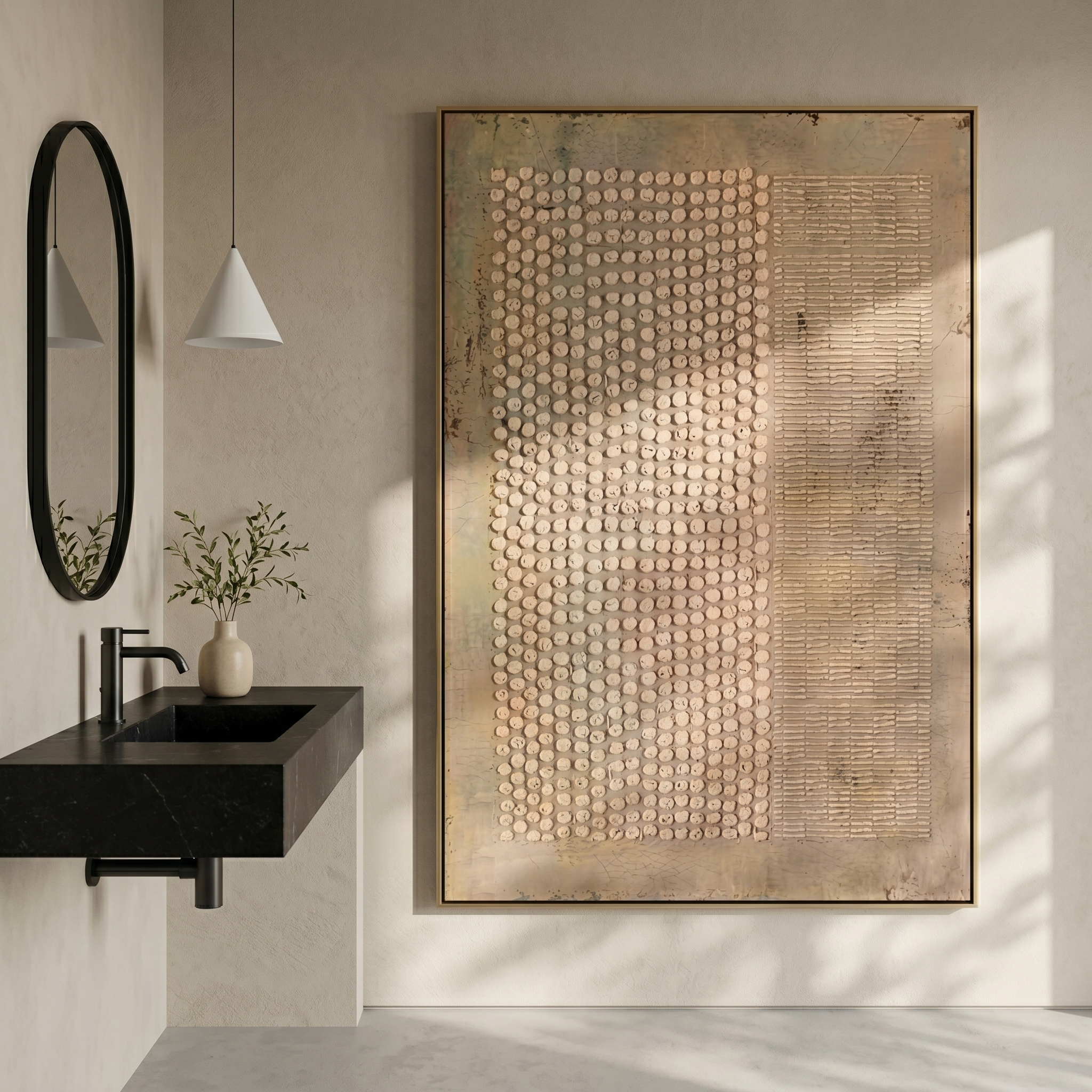 "Dots & Lines Neutral Relief" – Modern Heavy Impasto Abstract Art | 3D Taupe & Beige Palette Knife Painting | Luxury Vertical Wall Art #WS 254