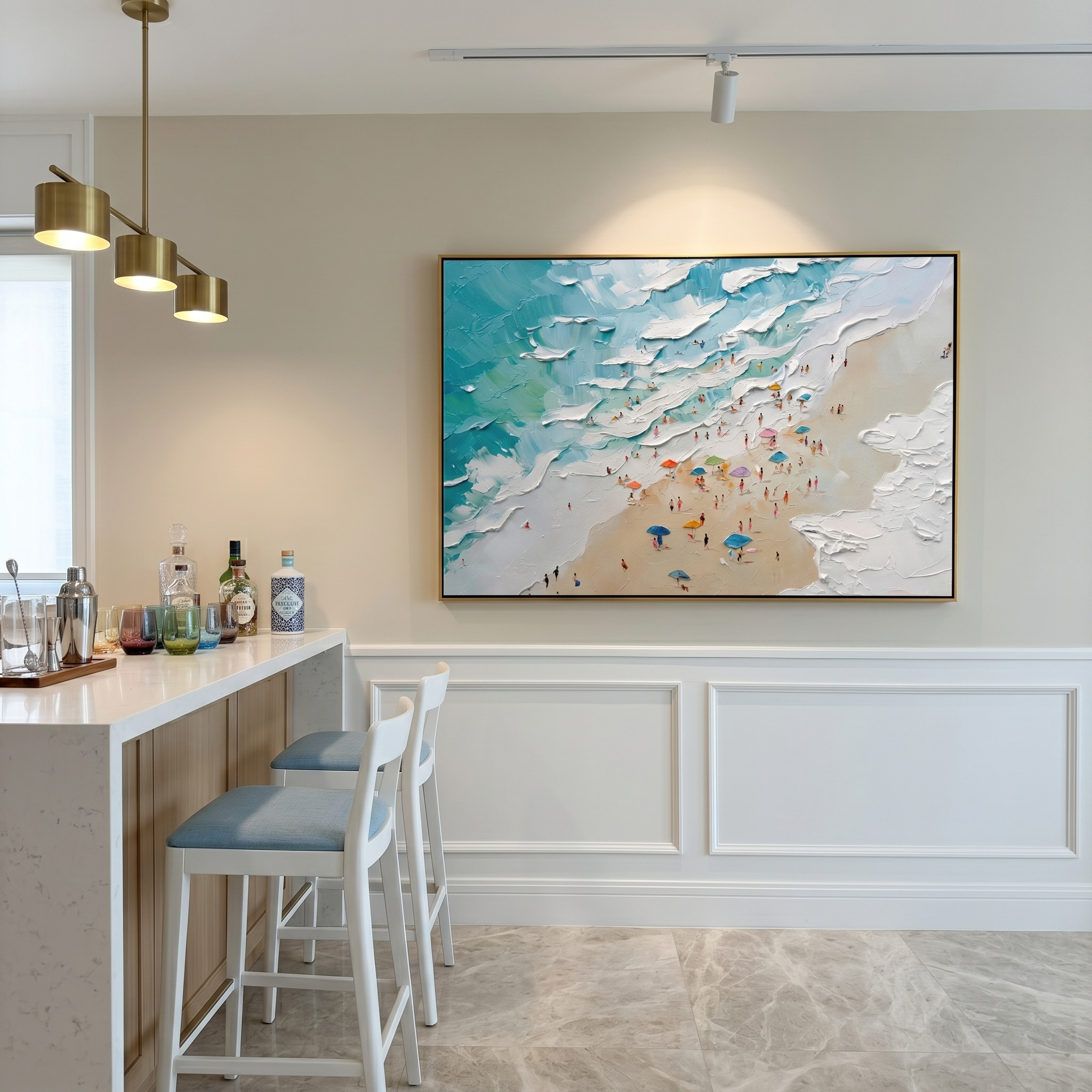 "Summer Reverie" – 3D Heavy Impasto Wave & Miniature Beach Art | Modern Panoramic Coastal Statement Painting #PT 164
