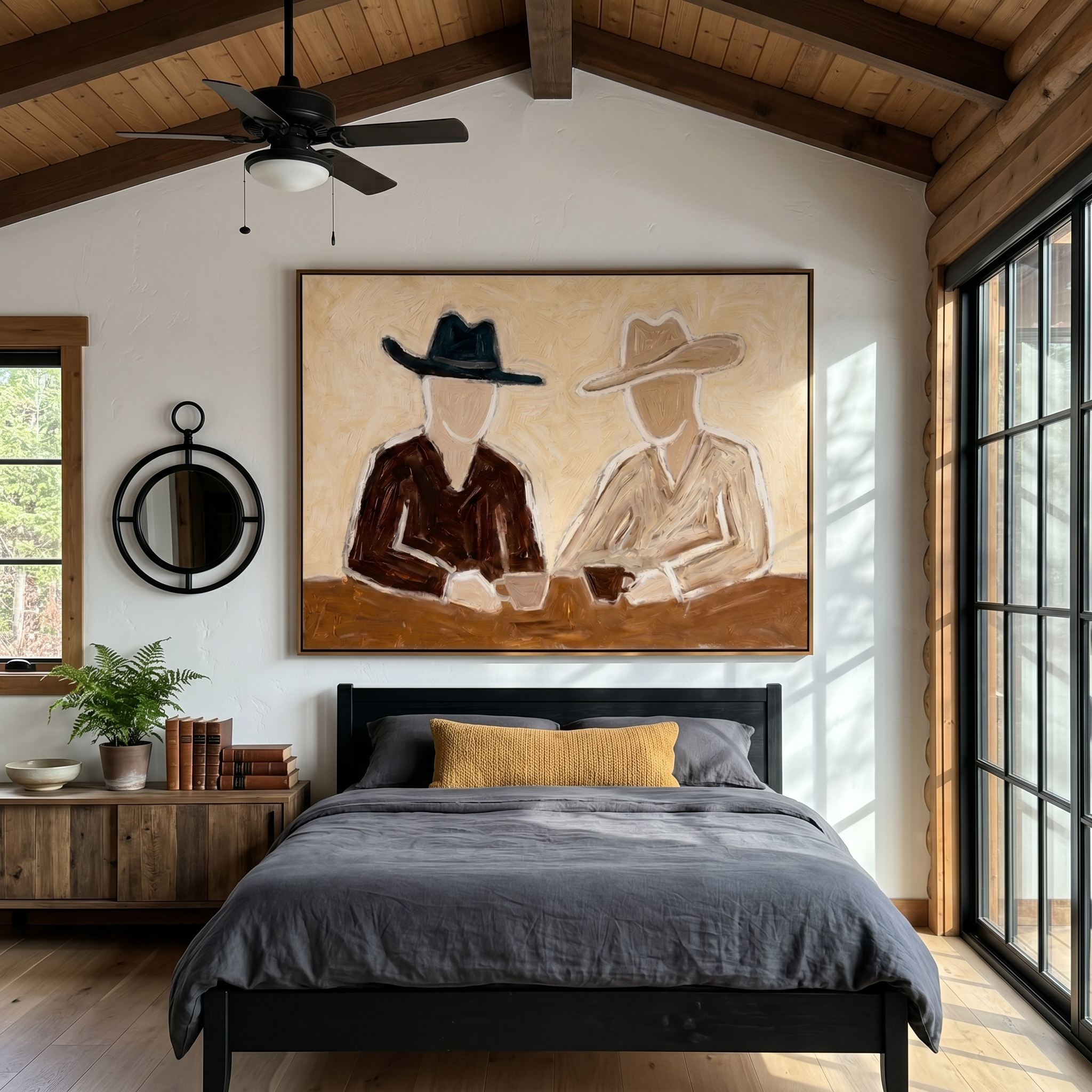 "Two Cowboys’ Coffee Chat" – Modern Heavy Impasto Minimal Western Figurative | 3D Warm Cream & Earth Brown Palette Knife Painting | Luxury Horizontal Wall Art #PE 524