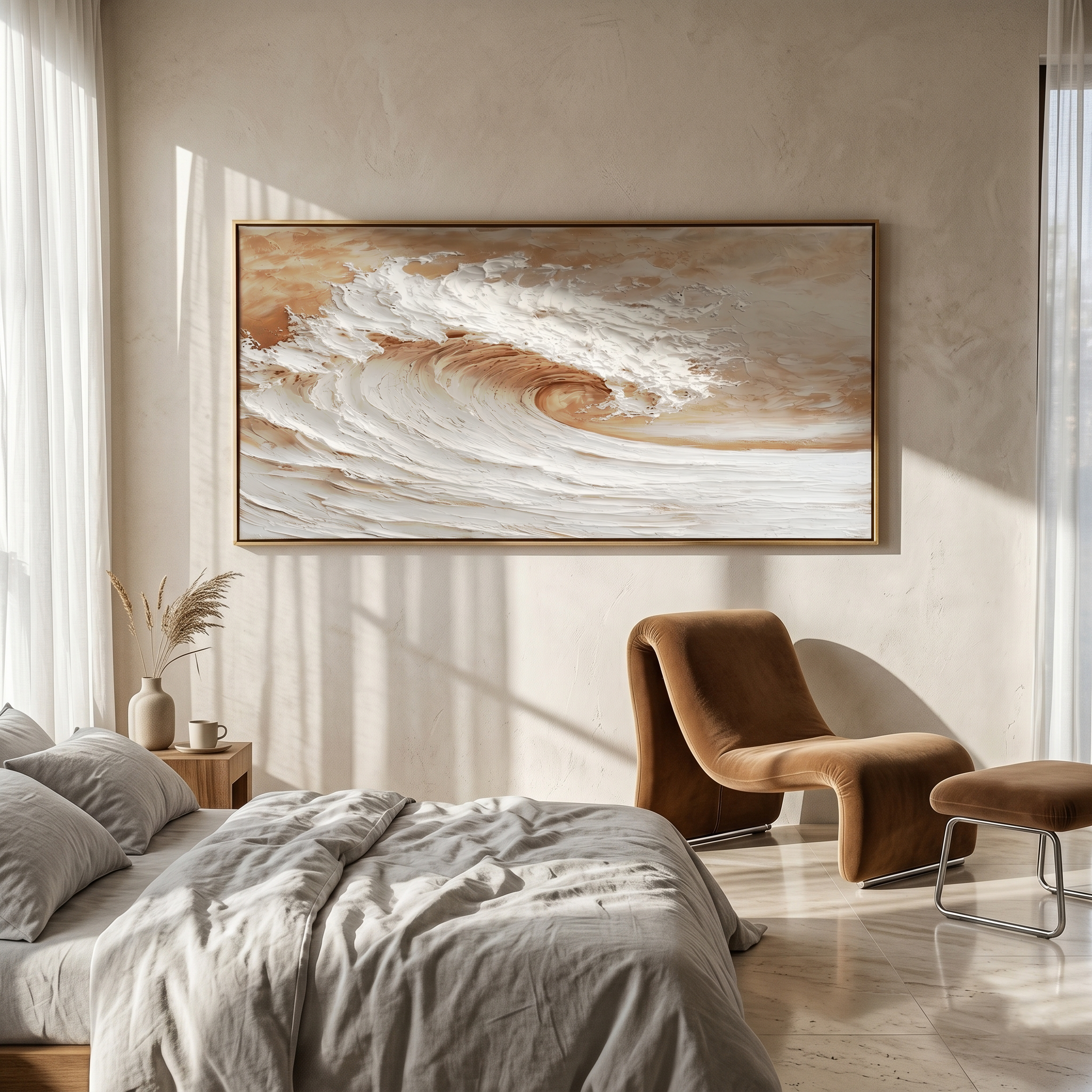 "The Amber Tide" – 3D Sculptural Heavy Impasto Wave | Modern Earth Tone Textured Horizontal Statement Art #PT 543